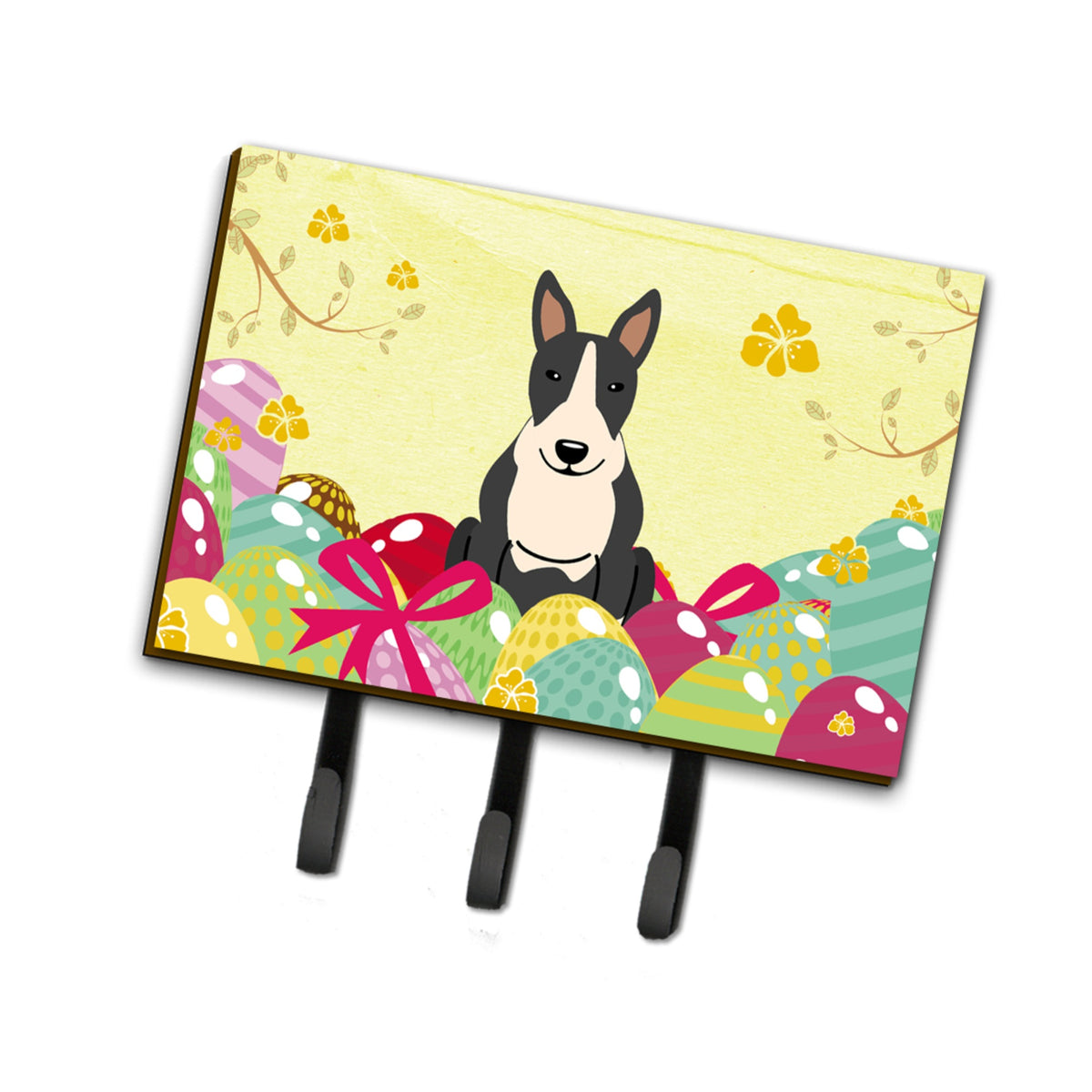 Caroline'S Treasures Easter Eggs Bull Terrier Black White Leash Or Key Holder Hooks
