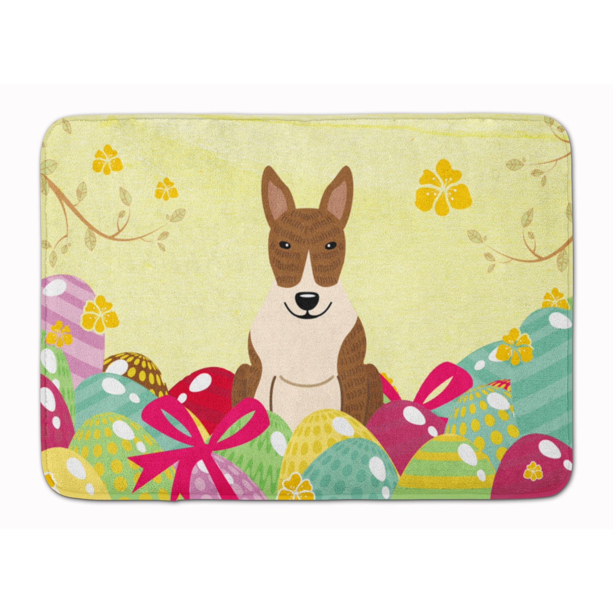 Caroline'S Treasures Easter Eggs Bull Terrier Brindle Machine Washable Memory Foam Mat Doormats, Multicolor