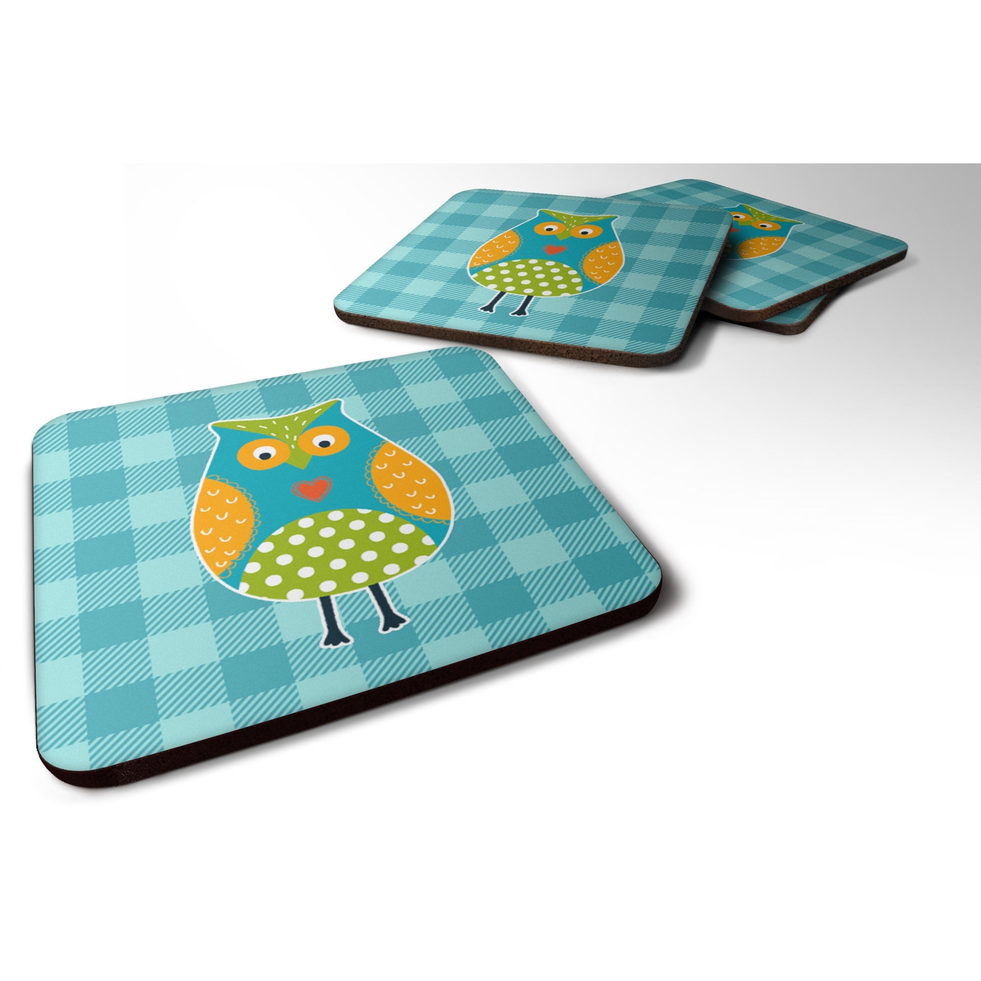 Caroline'S Treasures Owl On Blue Plaid Foam Coaster Set Of 4, 3.5, Multicolor