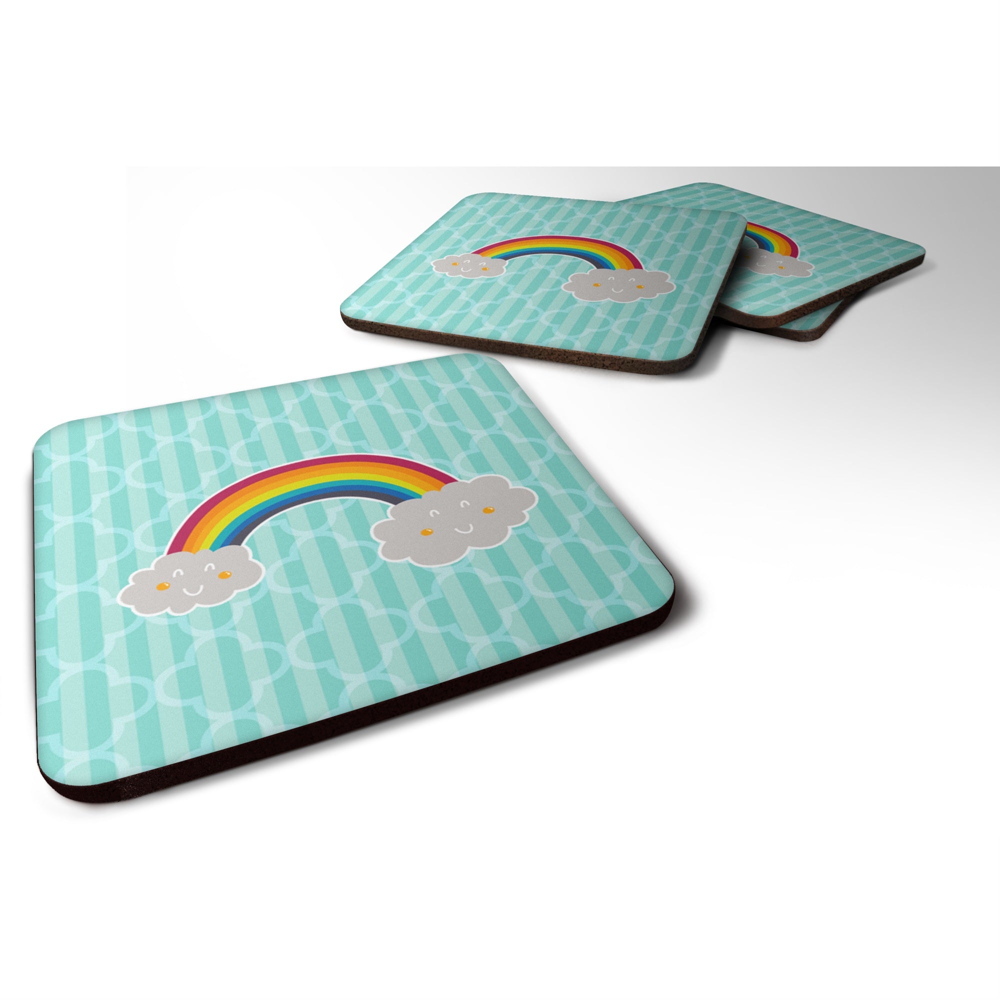 Caroline'S Treasures Rainbow In Clouds Foam Coaster Set Of 4, 3.5, Multicolor