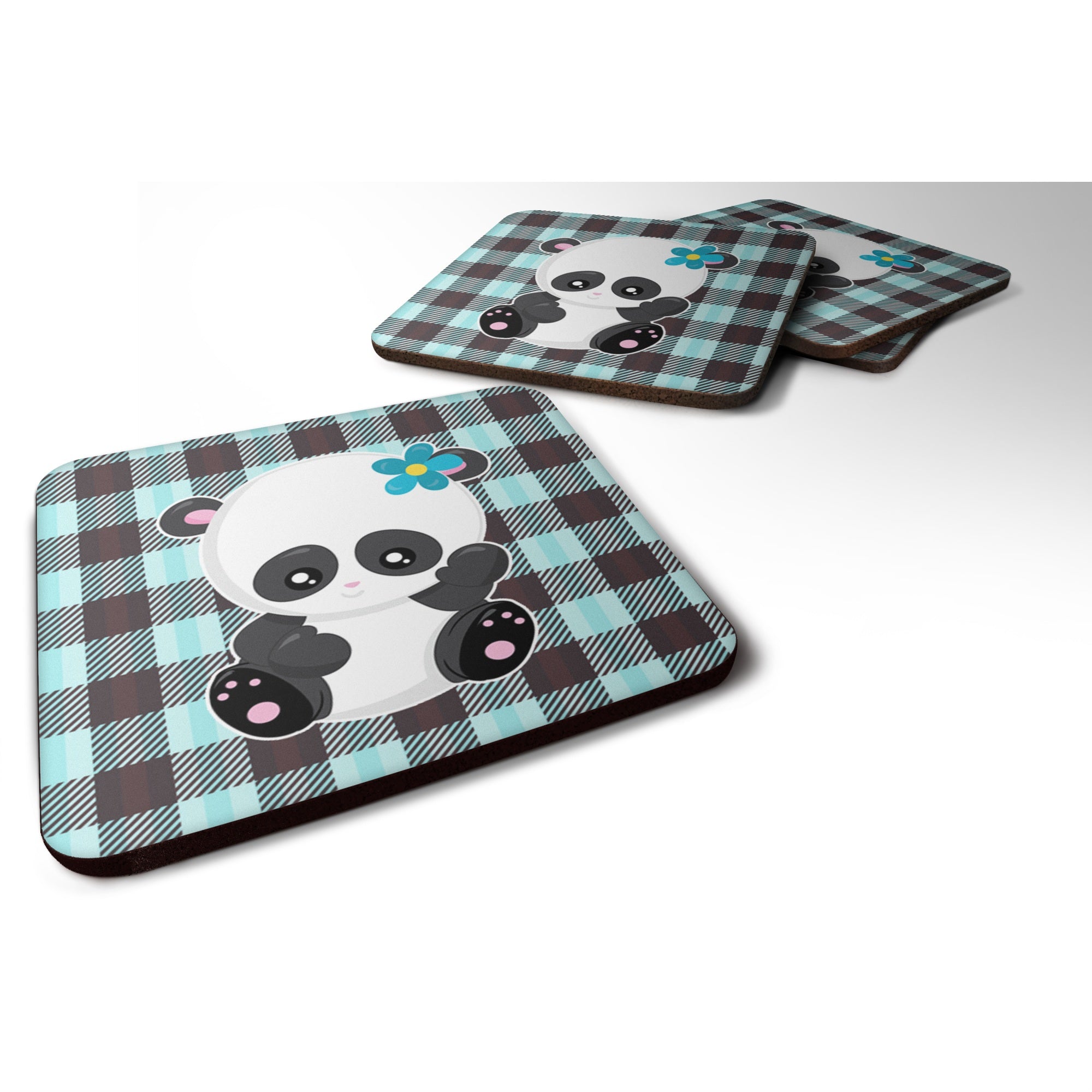 Caroline'S Treasures Panda On Plaid Foam Coaster Set Of 4, 3.5, Multicolor