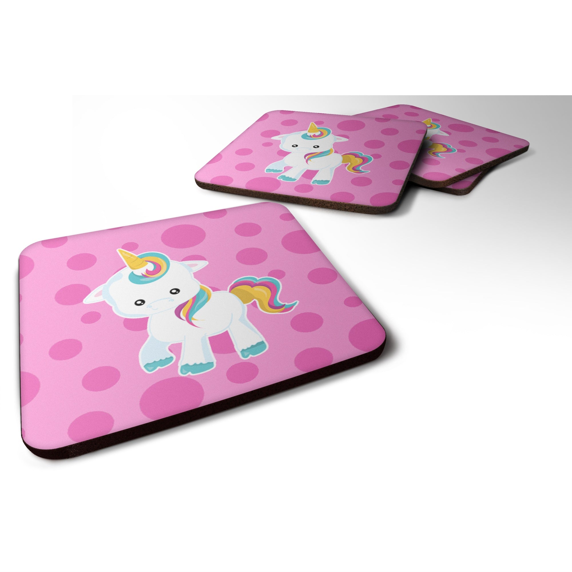 Caroline'S Treasures Pink Polkadot Unicorn Foam Coaster Set Of 4, 3.5, Multicolor