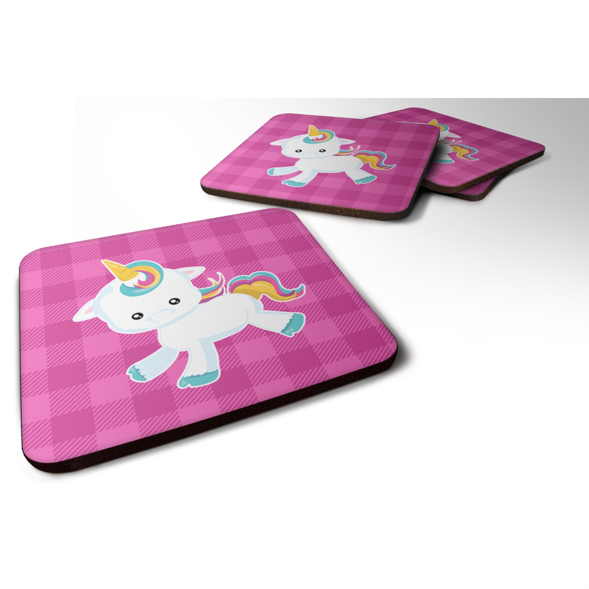 Caroline'S Treasures Pink Plaid Unicorn Foam Coaster Set Of 4, 3.5, Multicolor