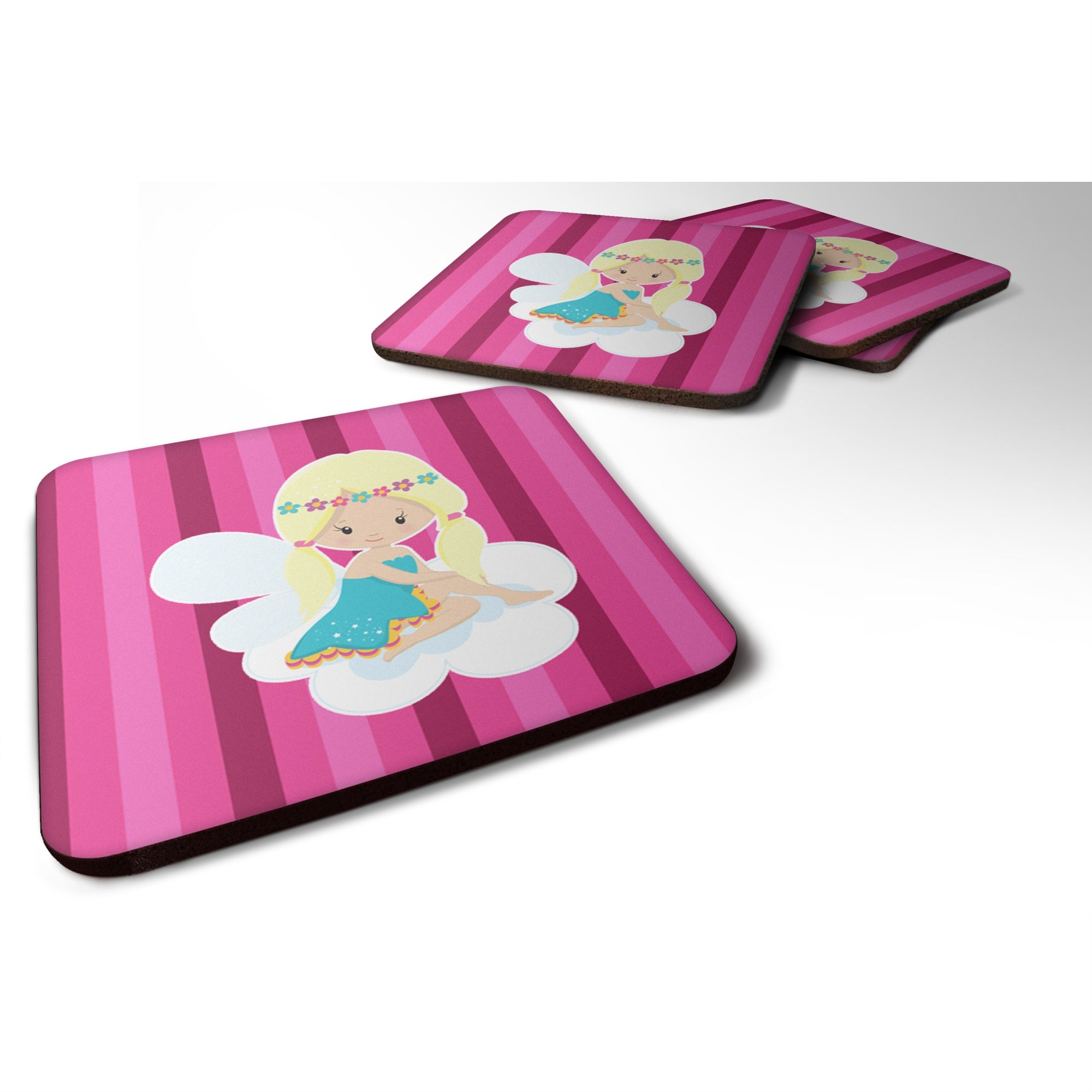 Caroline'S Treasures Blonde Fairy Foam Coaster Set Of 4, 3.5, Multicolor