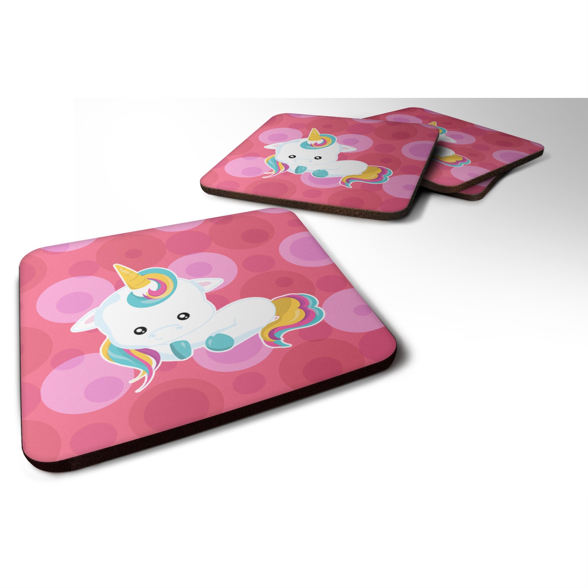 Caroline'S Treasures Polkadots Unicorn Foam Coaster Set Of 4, 3.5, Multicolor