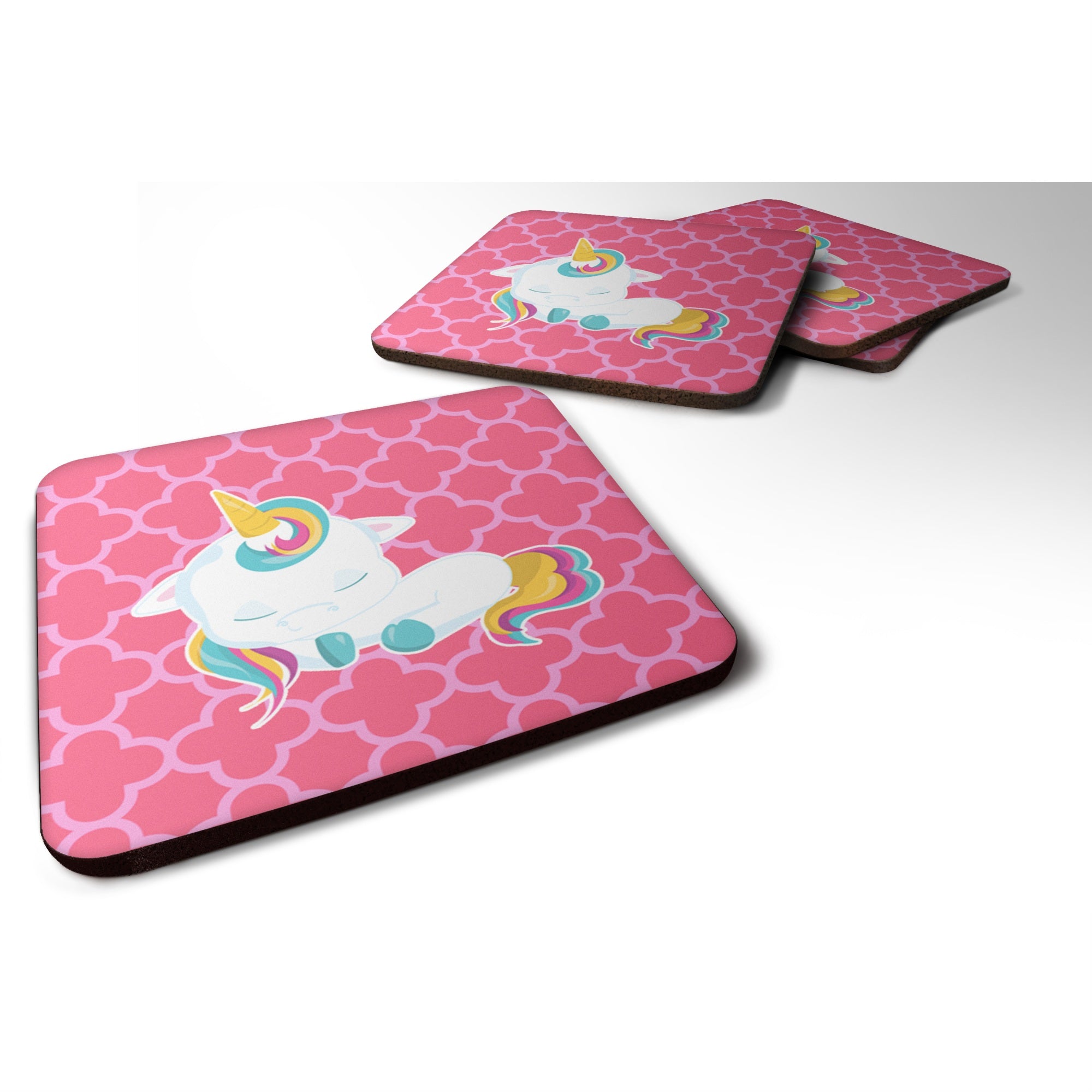 Caroline'S Treasures Quatrafoil Pink Unicorn Foam Coaster Set Of 4, 3.5, Multicolor