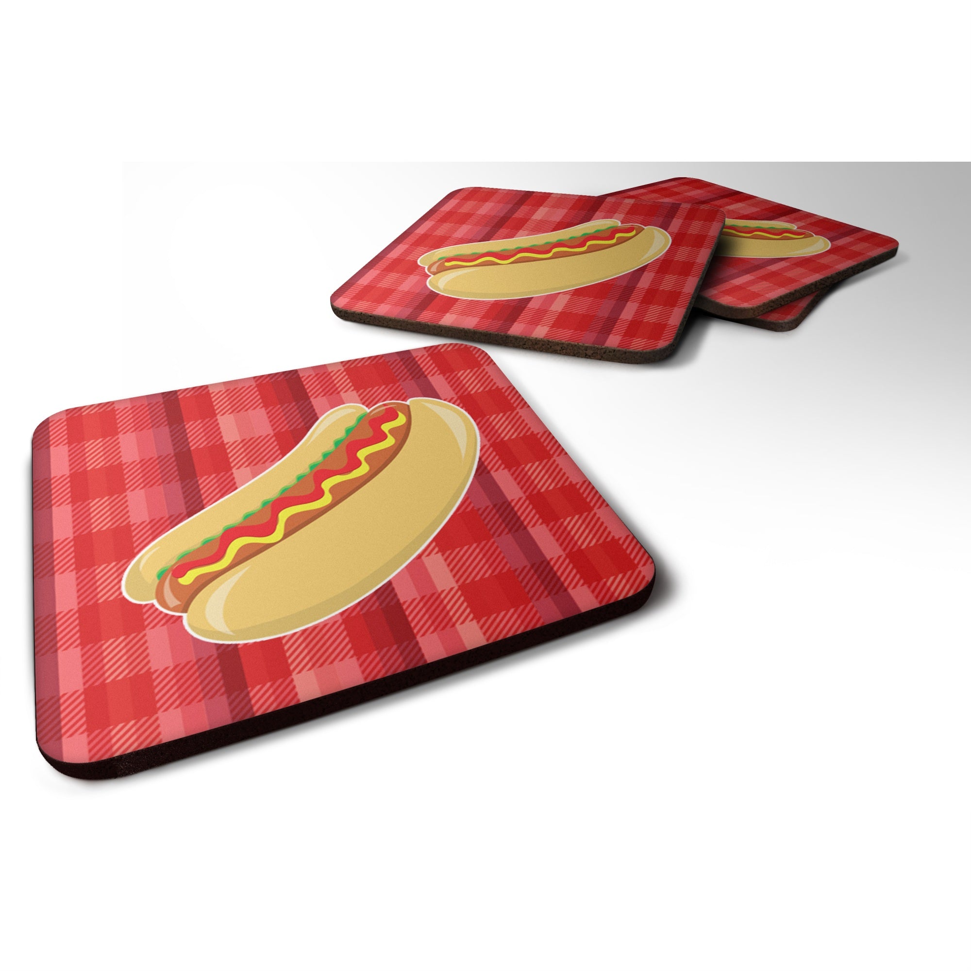 Caroline'S Treasures Hot Dog Plaid Foam Coaster Set Of 4, 3.5, Multicolor