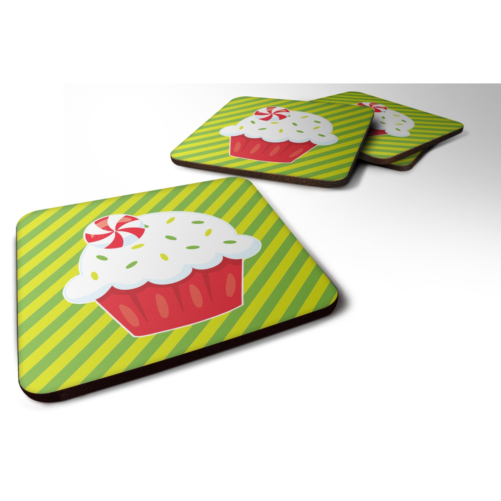 Caroline'S Treasures Christmas Pepermint Cupcake Foam Coaster Set Of 4, 3.5, Multicolor