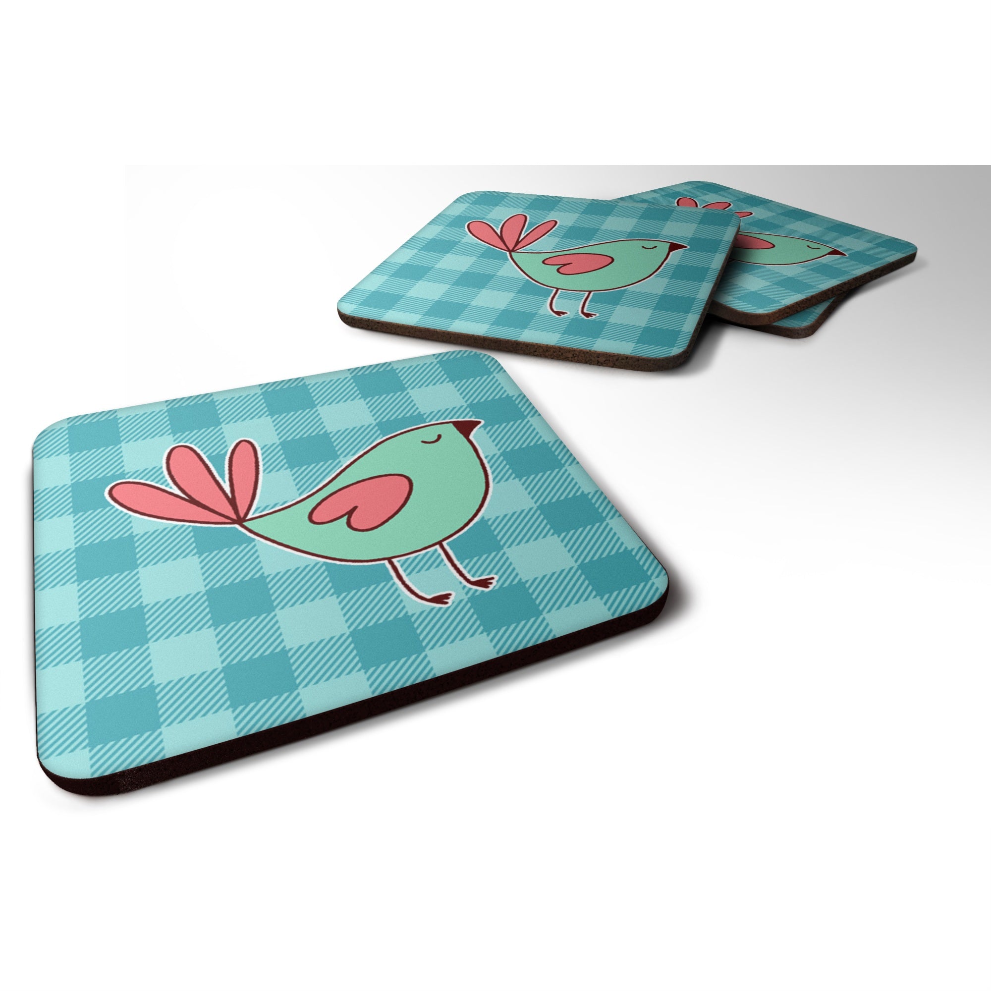 Caroline'S Treasures Bird On Blue Plaid Foam Coaster Set Of 4, 3.5, Multicolor