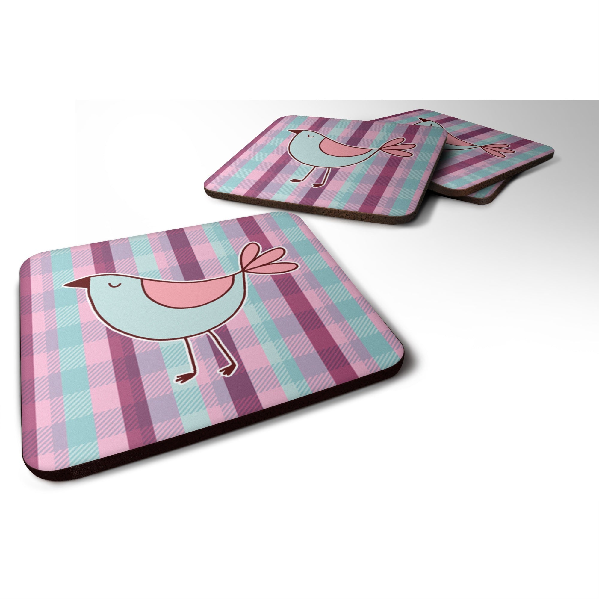 Caroline'S Treasures Bird On Purple Plaid Foam Coaster Set Of 4, 3.5, Multicolor