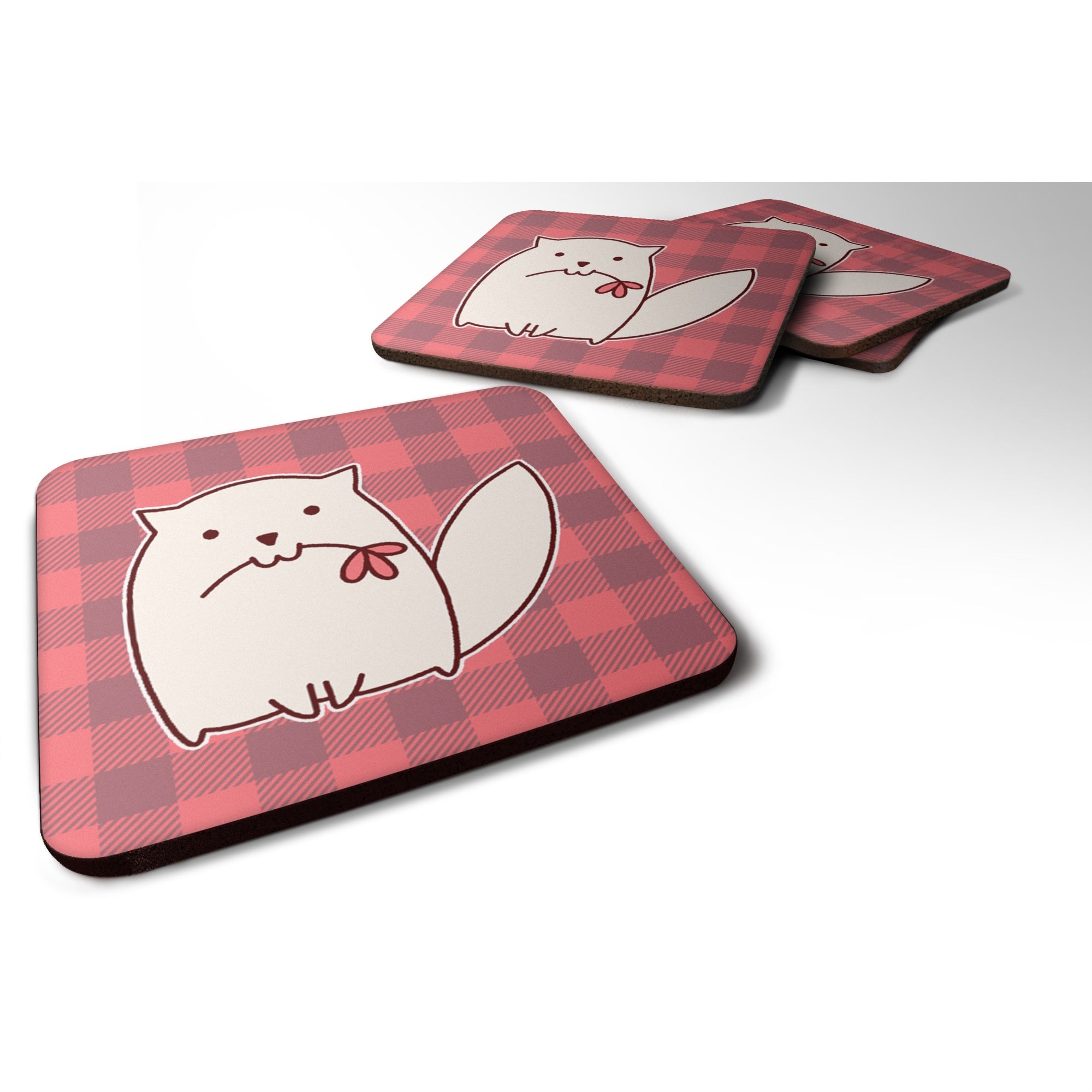 Caroline'S Treasures Cat Pink Plad Foam Coaster Set Of 4, 3.5, Multicolor