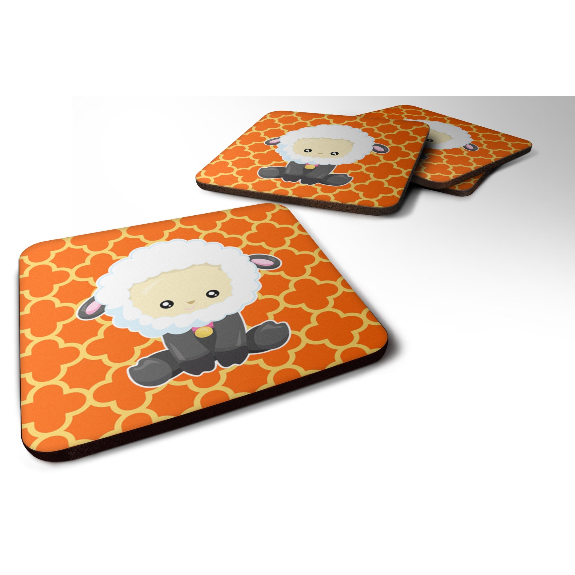 Caroline'S Treasures Sheep On Orange Quatrafoil Foam Coaster Set Of 4, 3.5, Multicolor