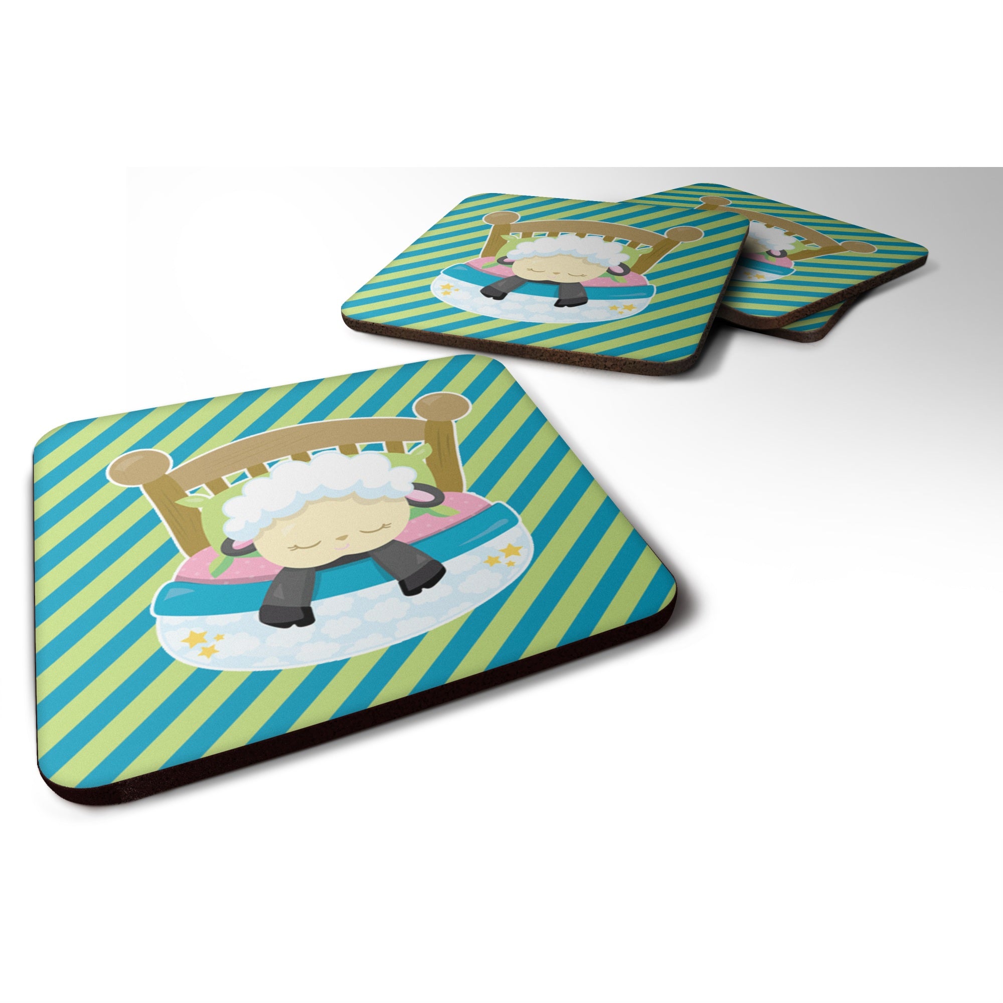Caroline'S Treasures Sheep In Bed Foam Coaster Set Of 4, 3.5, Multicolor