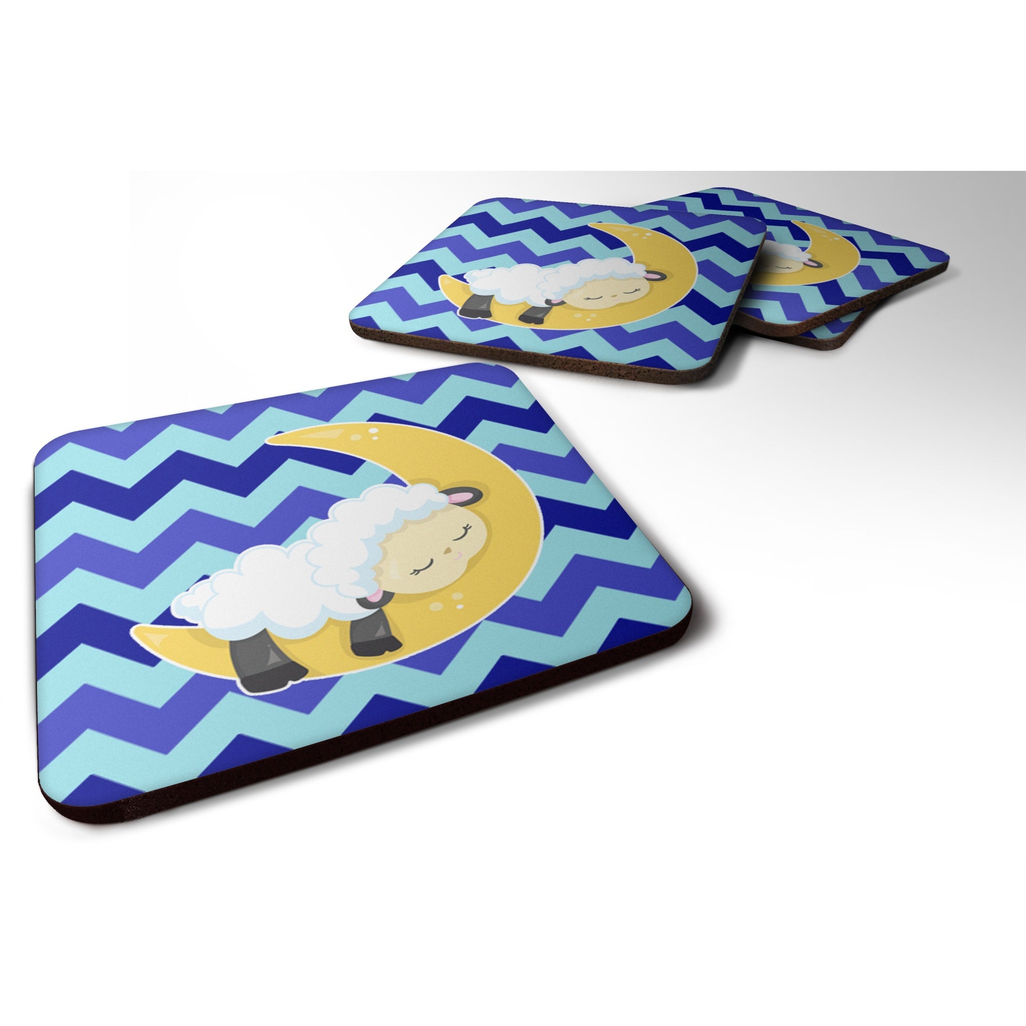 Caroline'S Treasures Sheep On Moon Chevron Foam Coaster Set Of 4, 3.5, Multicolor