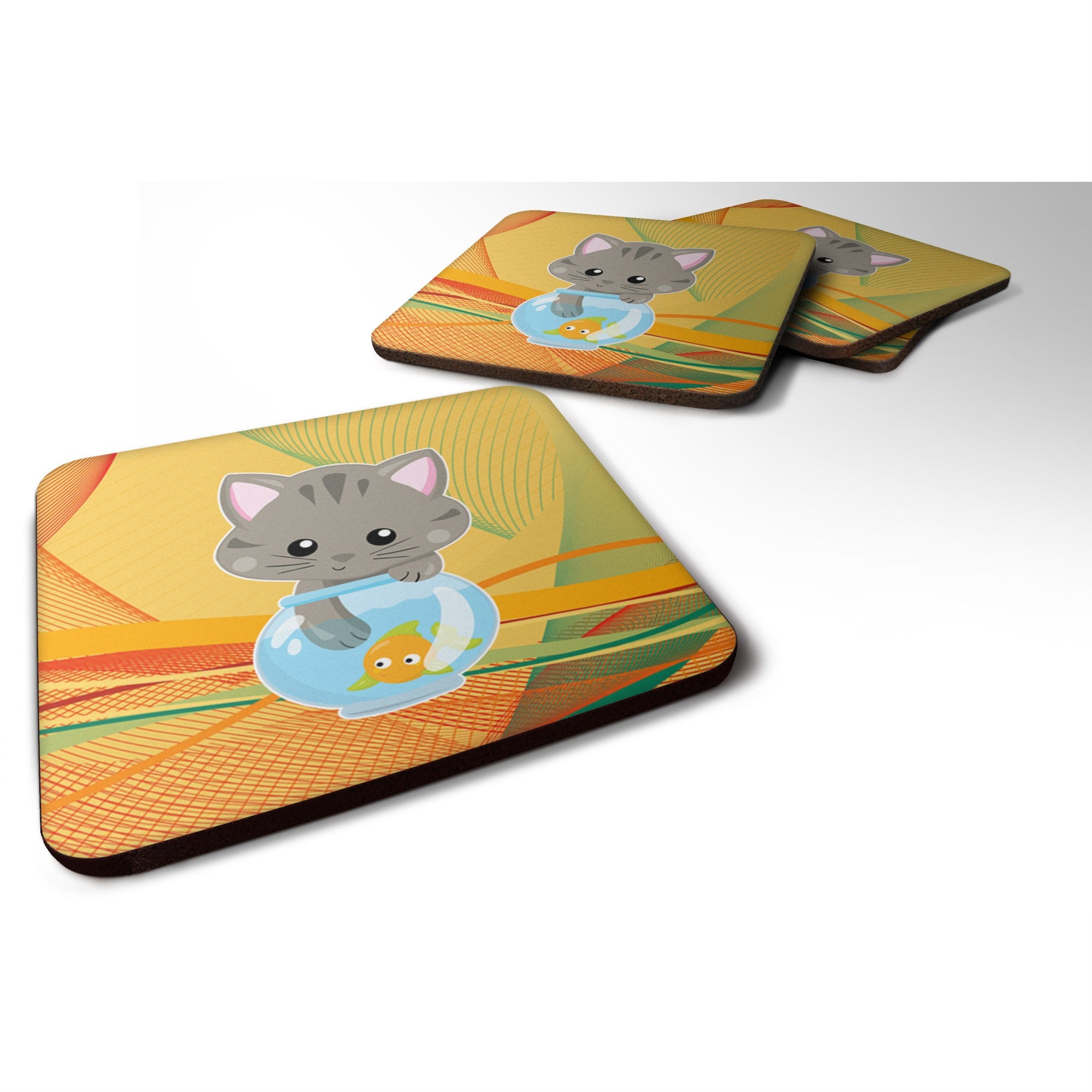 Caroline'S Treasures Kitten In The Fish Bowl Foam Coaster Set Of 4, 3.5, Multicolor