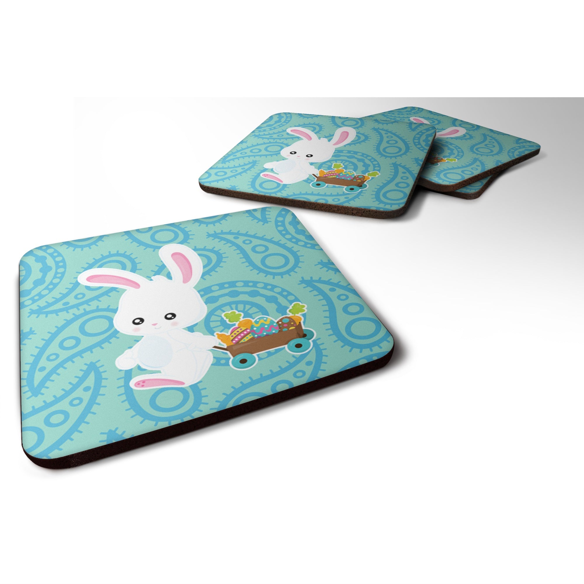 Caroline'S Treasures Easter Rabbit Paisley Blue Foam Coaster Set Of 4, 3.5, Multicolor