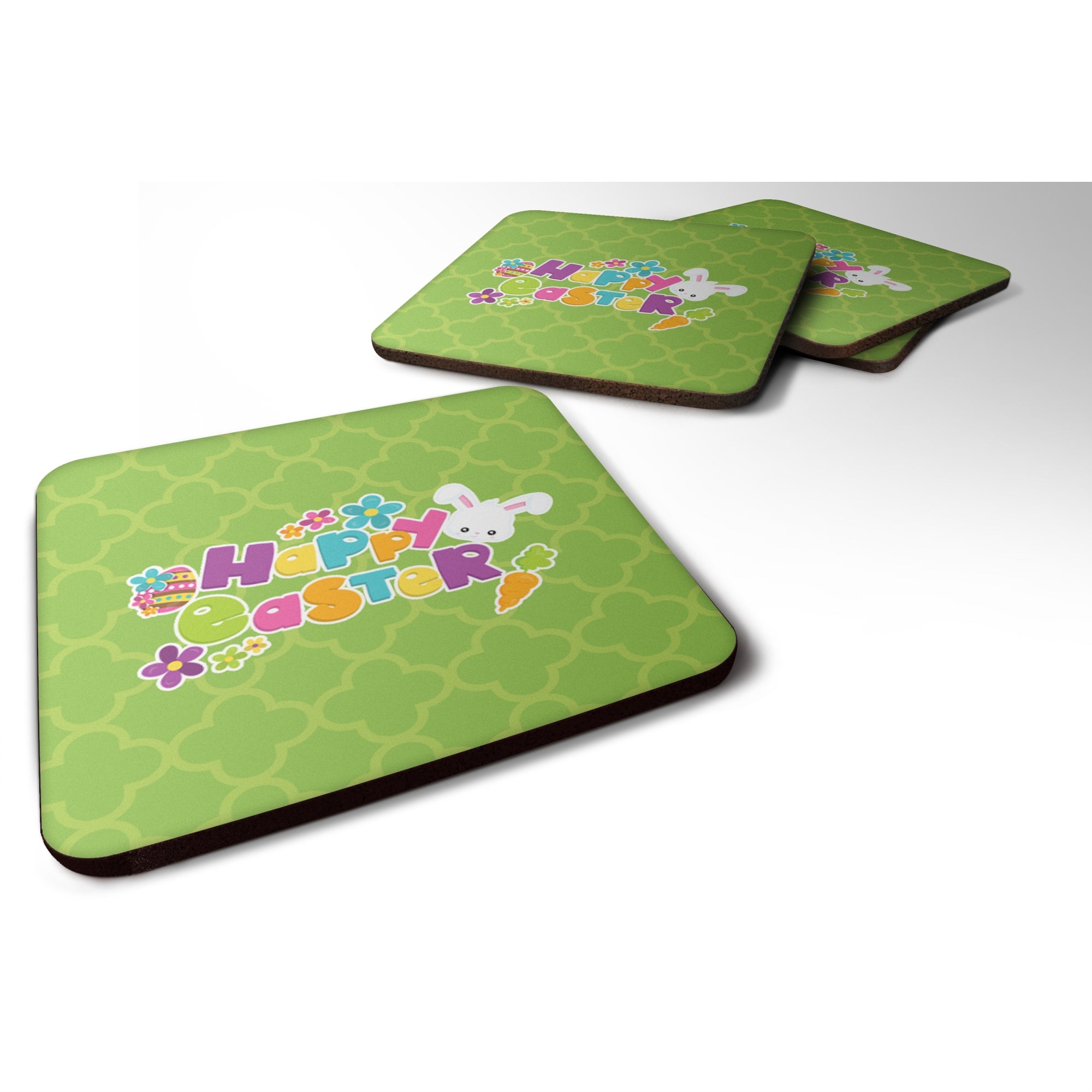 Caroline'S Treasures Happy Easter Green Quatrafoil Foam Coaster Set Of 4, 3.5, Multicolor