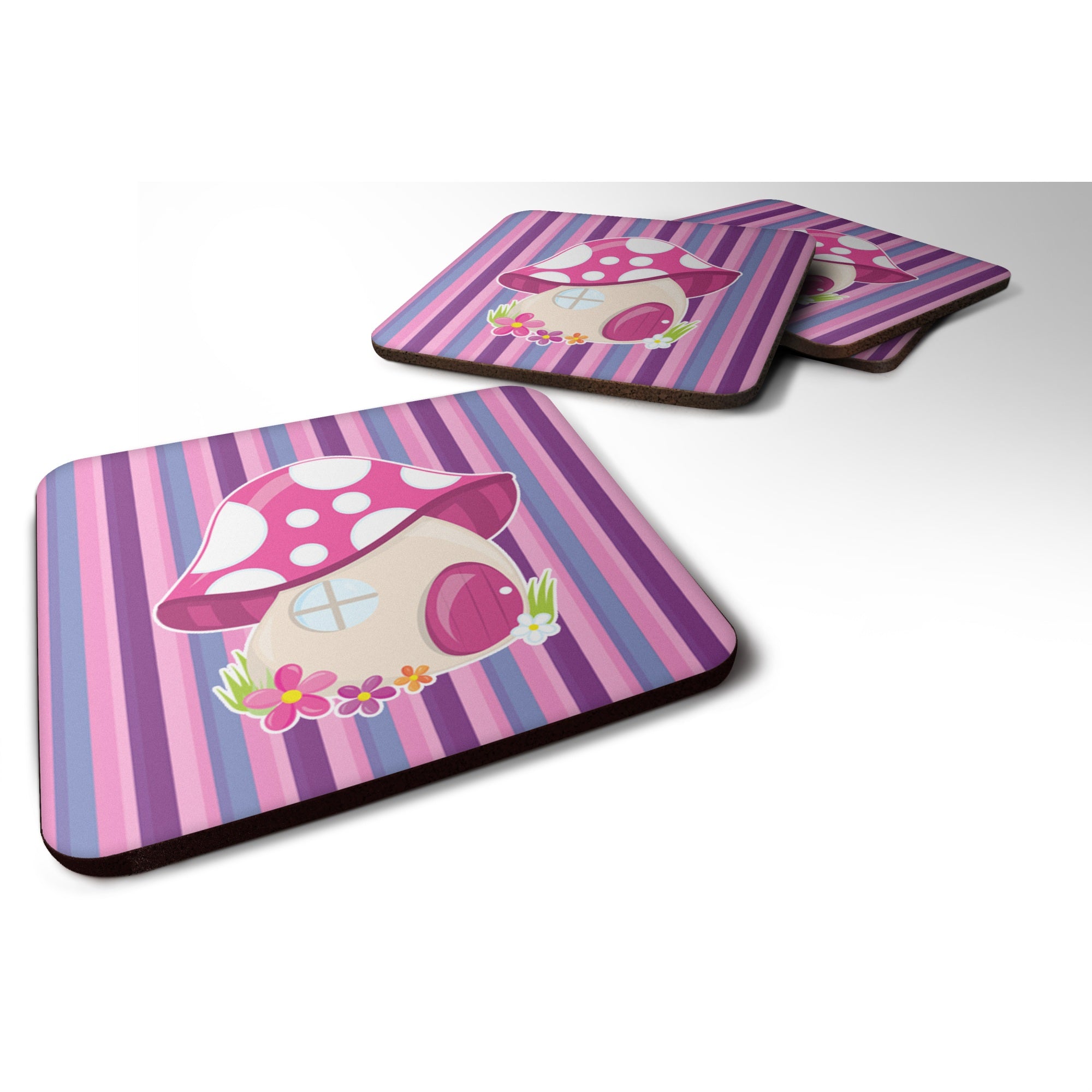 Caroline'S Treasures Fairy House Pink & Purple Foam Coaster Set Of 4, 3.5, Multicolor