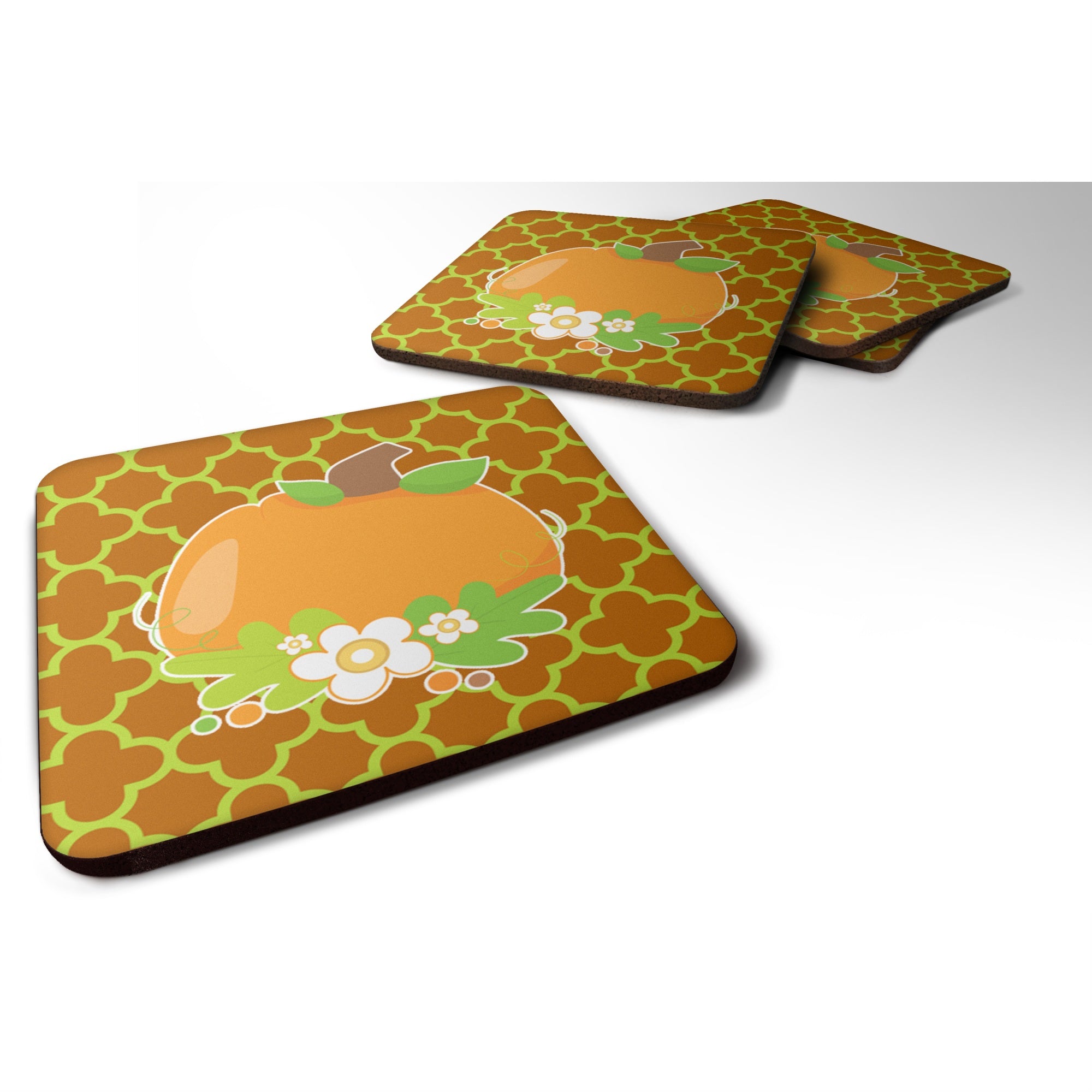 Caroline'S Treasures Fall Pumpkin Orange Quatrfoil Foam Coaster Set Of 4, 3.5, Multicolor