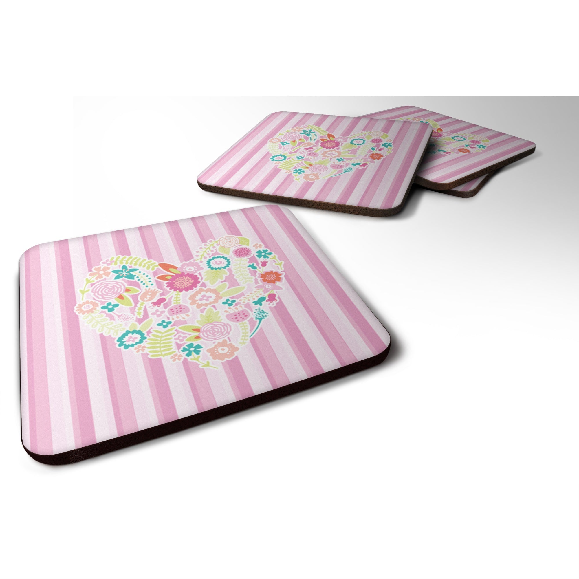 Caroline'S Treasures Flowered Heart Foam Coaster Set Of 4, 3.5, Multicolor