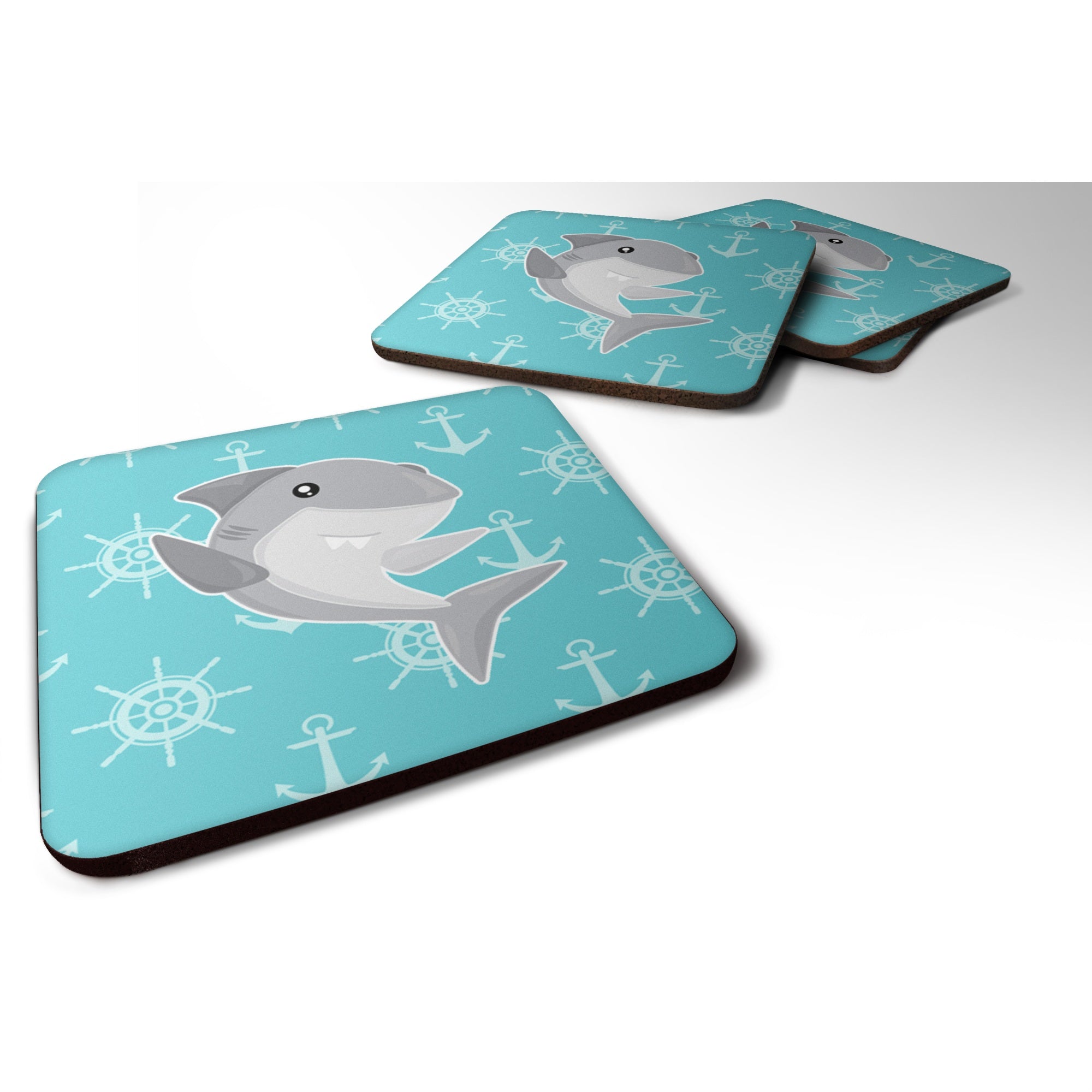 Caroline'S Treasures Shark On Blue Nautical Foam Coaster Set Of 4, 3.5, Multicolor