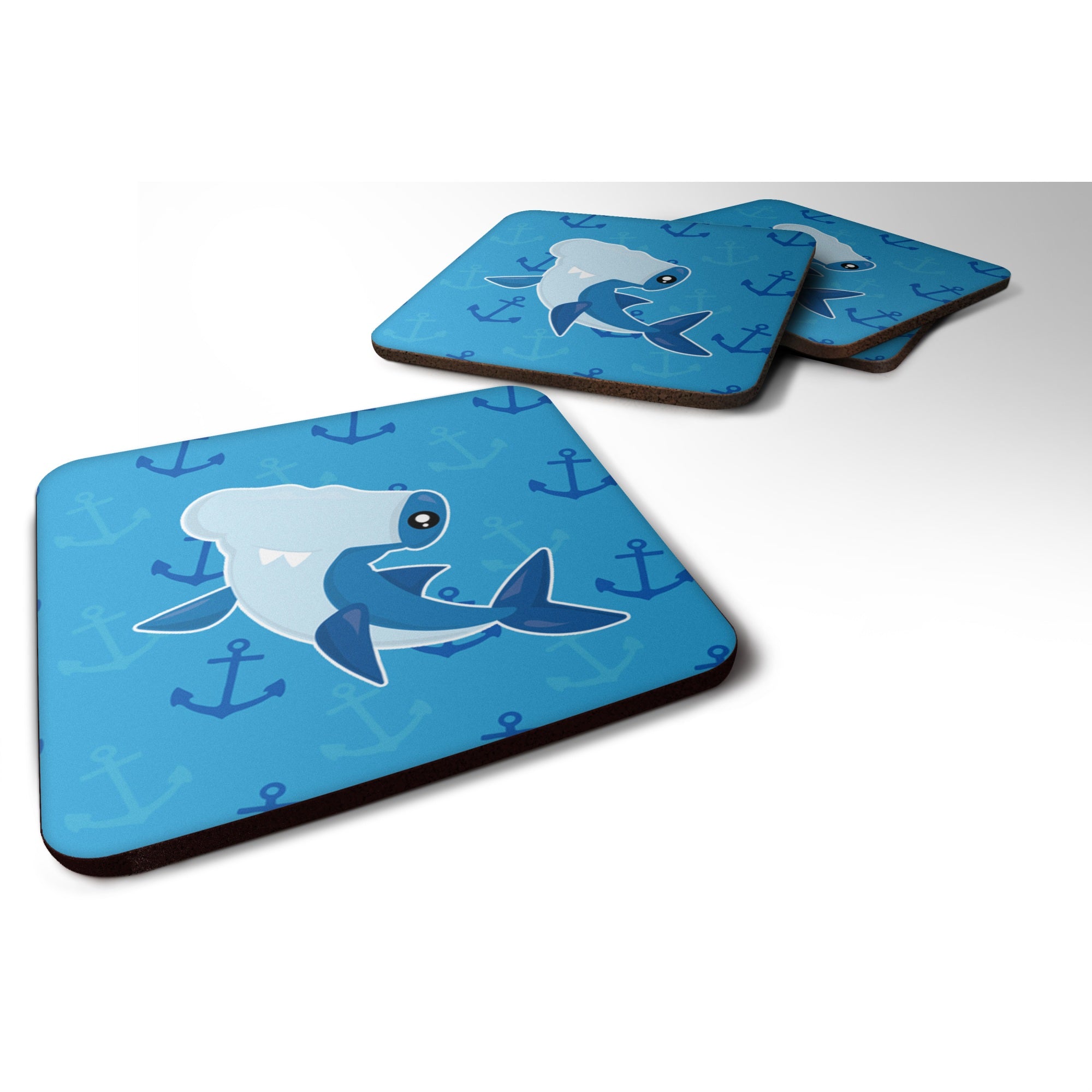 Caroline'S Treasures Hammerhead Shark On Anchors Foam Coaster Set Of 4, 3.5, Multicolor