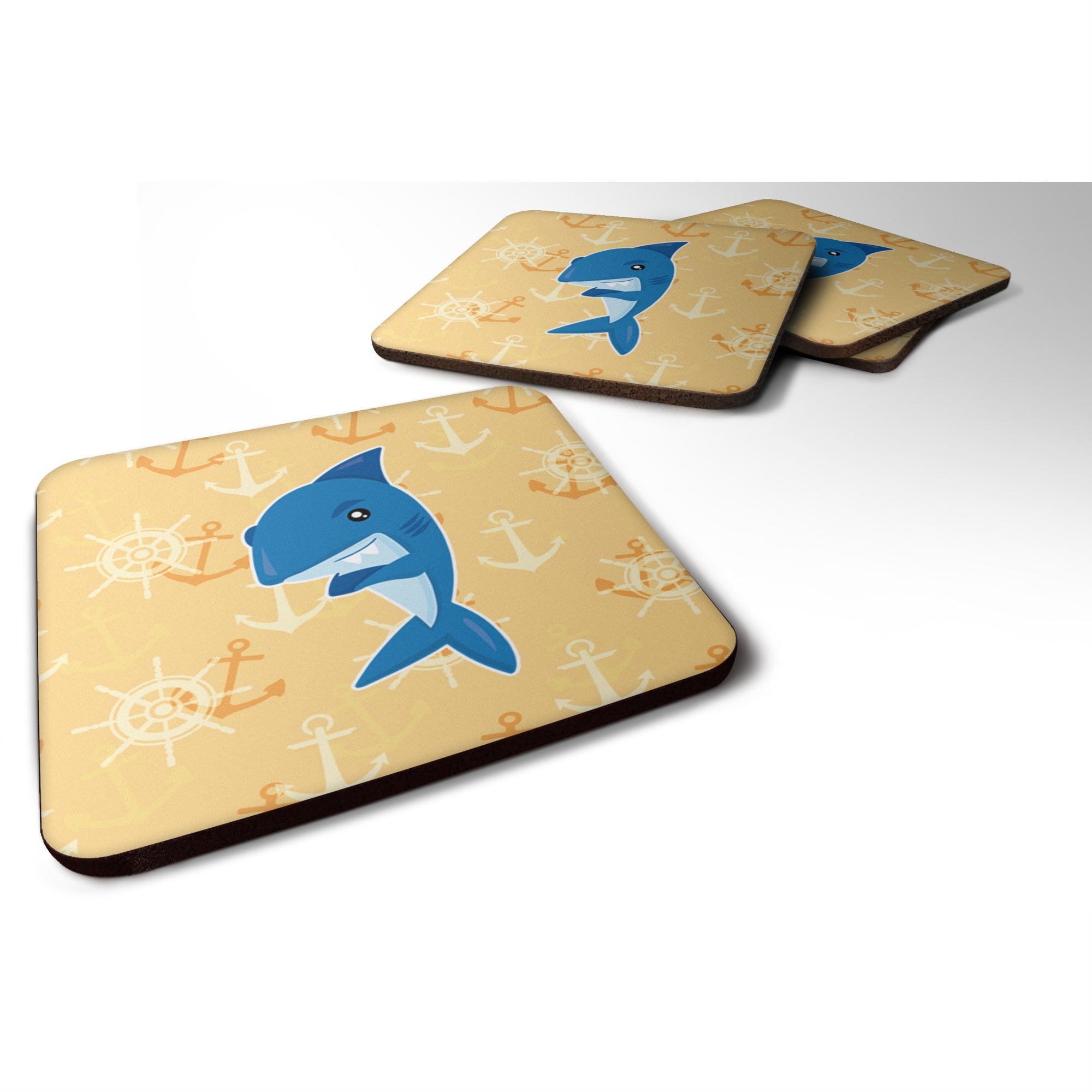Caroline'S Treasures Shark On Beige Nautical Foam Coaster Set Of 4, 3.5, Multicolor