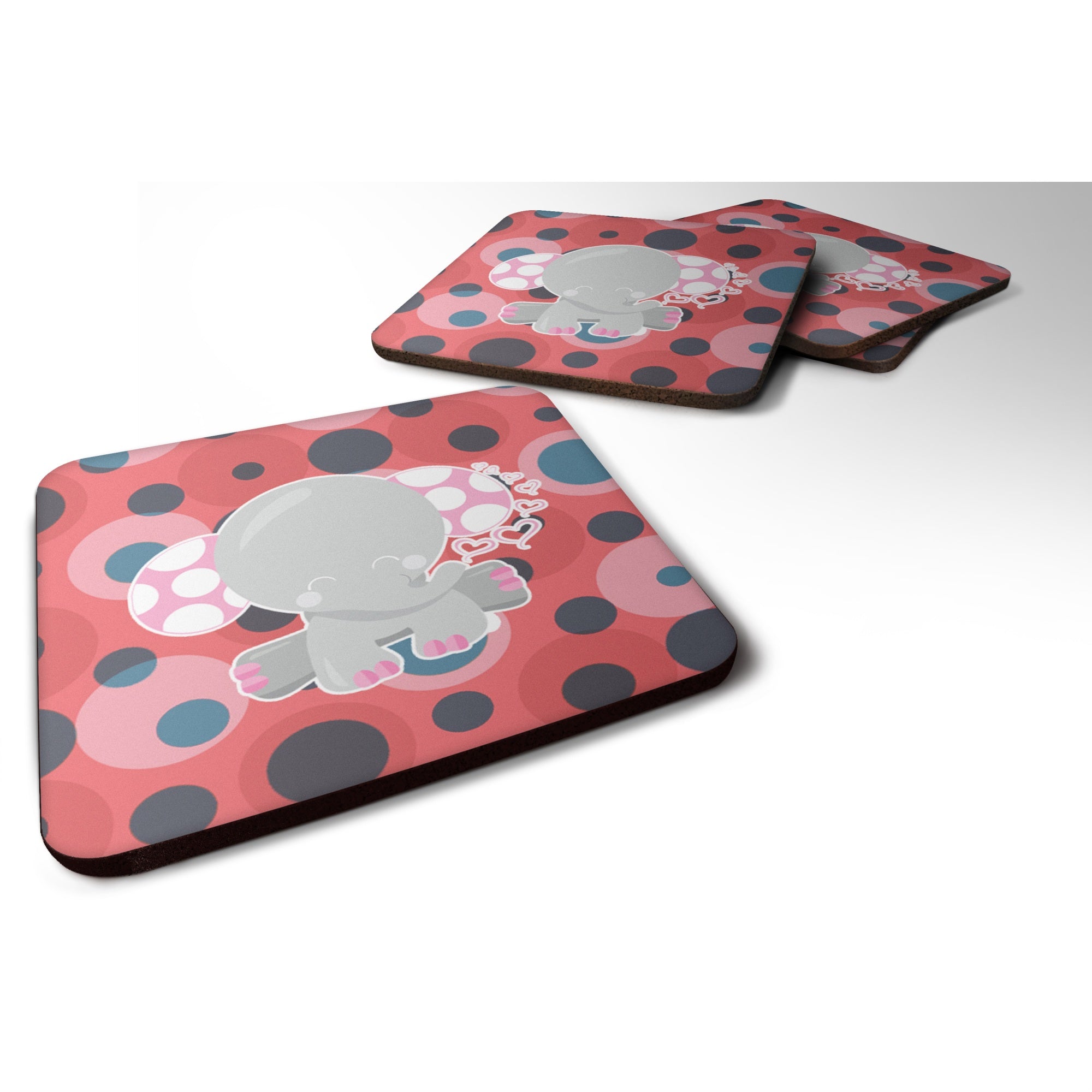 Caroline'S Treasures Elephant Lots Of Polkadots Foam Coaster Set Of 4, 3.5, Multicolor