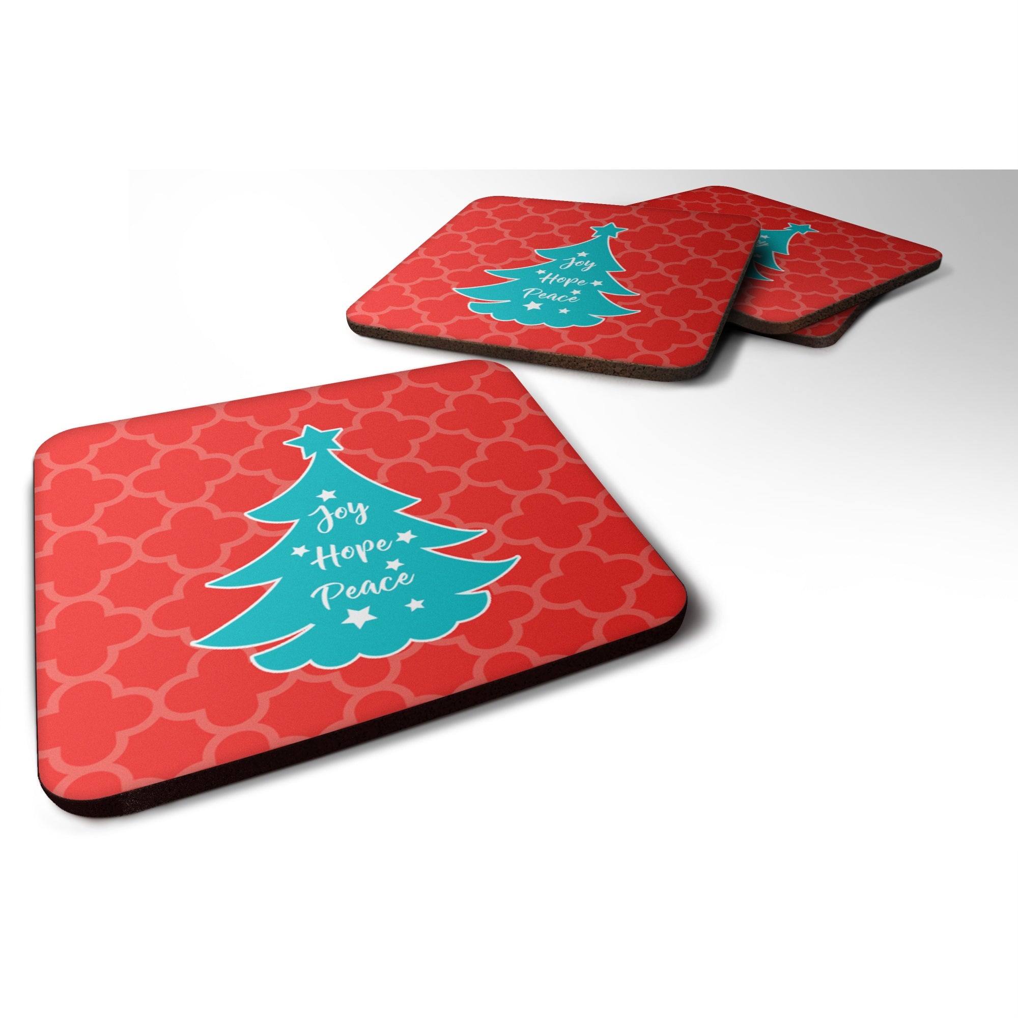 Caroline'S Treasures Christmas Tree Red Teal Foam Coaster Set Of 4, 3.5, Multicolor