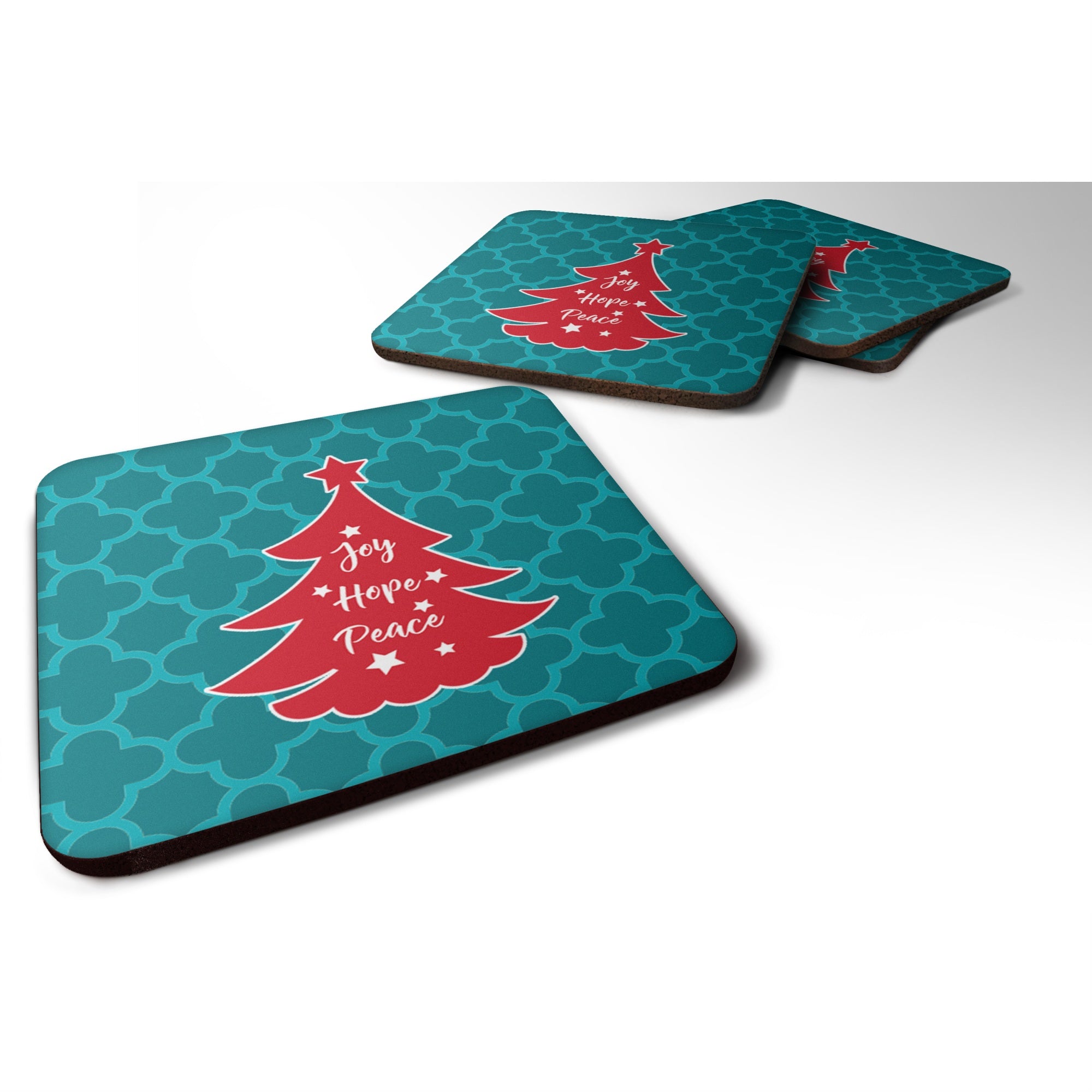 Caroline'S Treasures Christmas Tree Teal Red Foam Coaster Set Of 4, 3.5, Multicolor