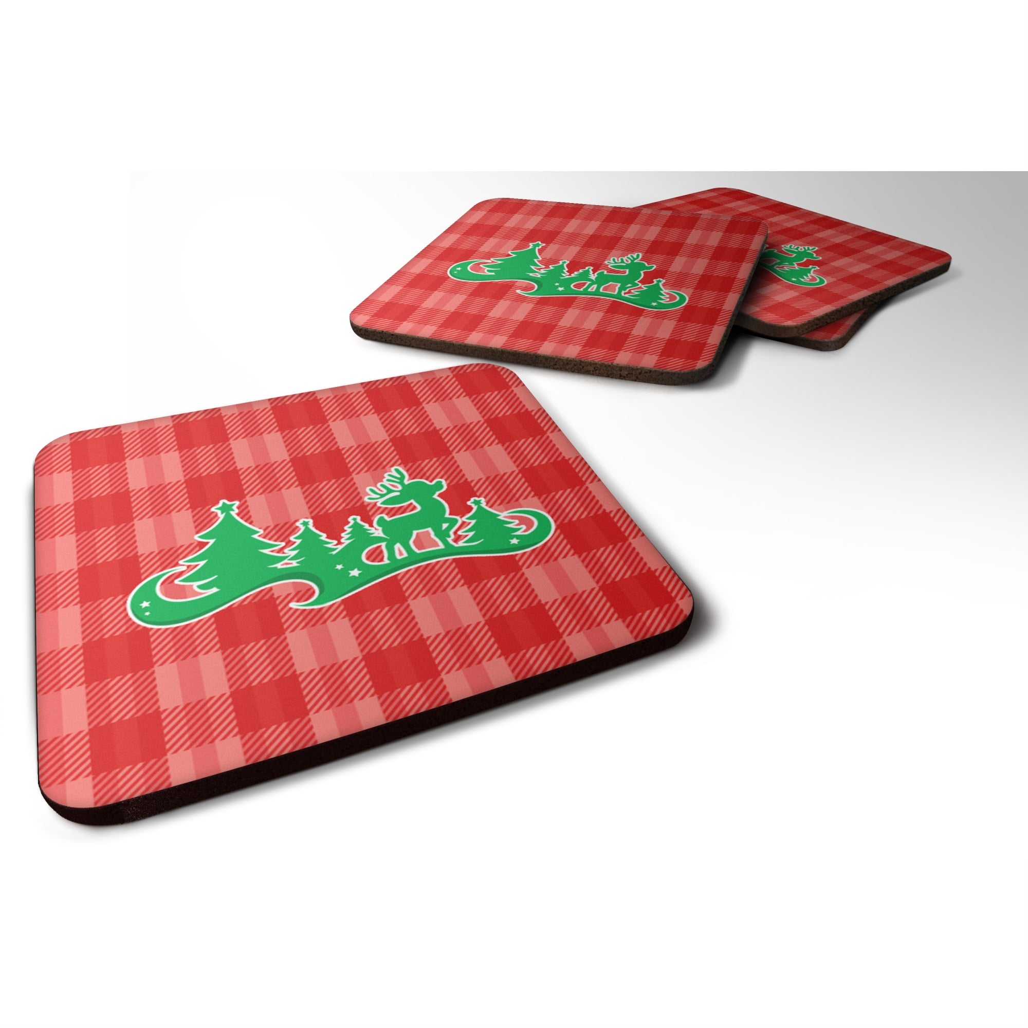 Caroline'S Treasures Christmas Tree Reindeer Red Foam Coaster Set Of 4, 3.5, Multicolor