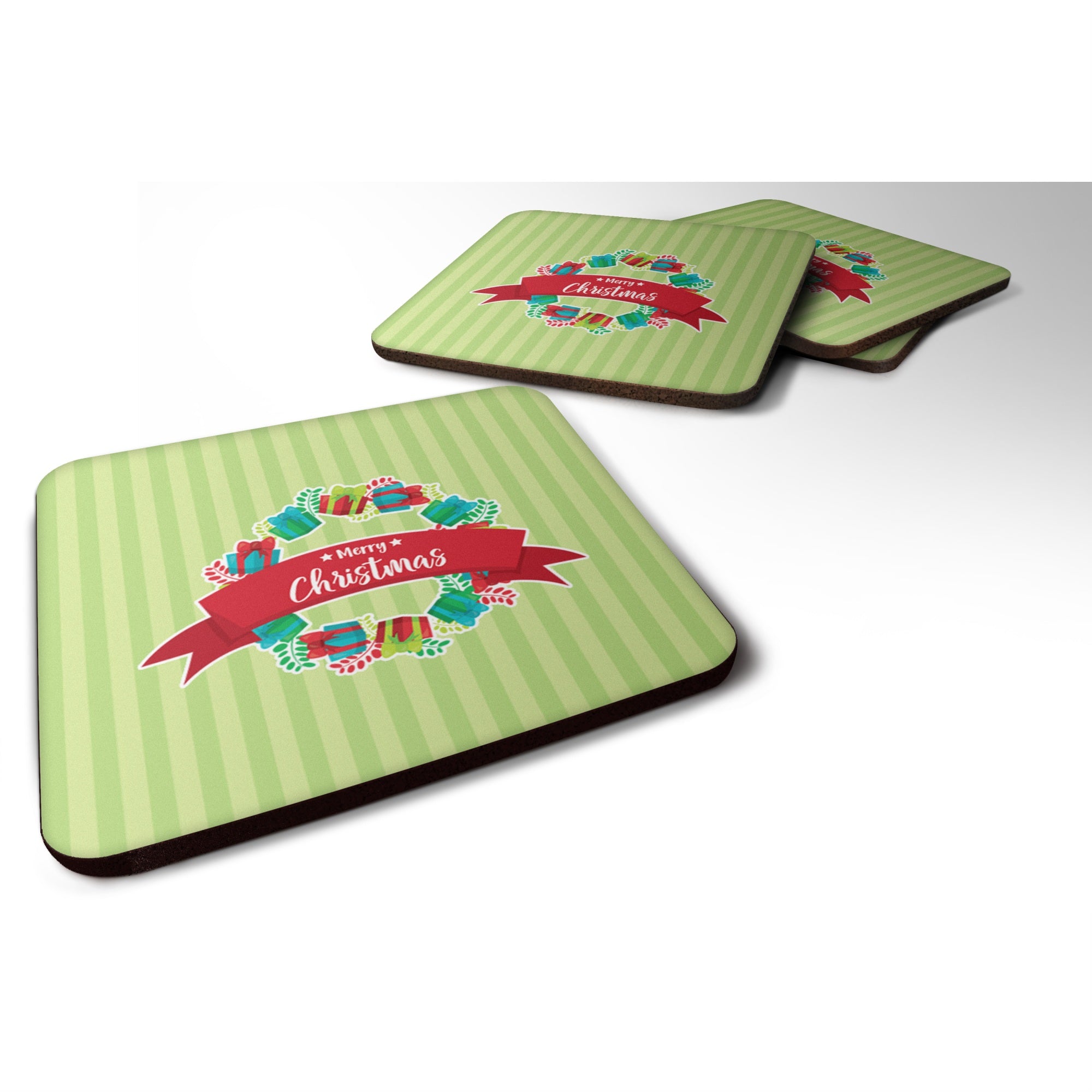 Caroline'S Treasures Christmas Wreath Presents Green Foam Coaster Set Of 4, 3.5, Multicolor