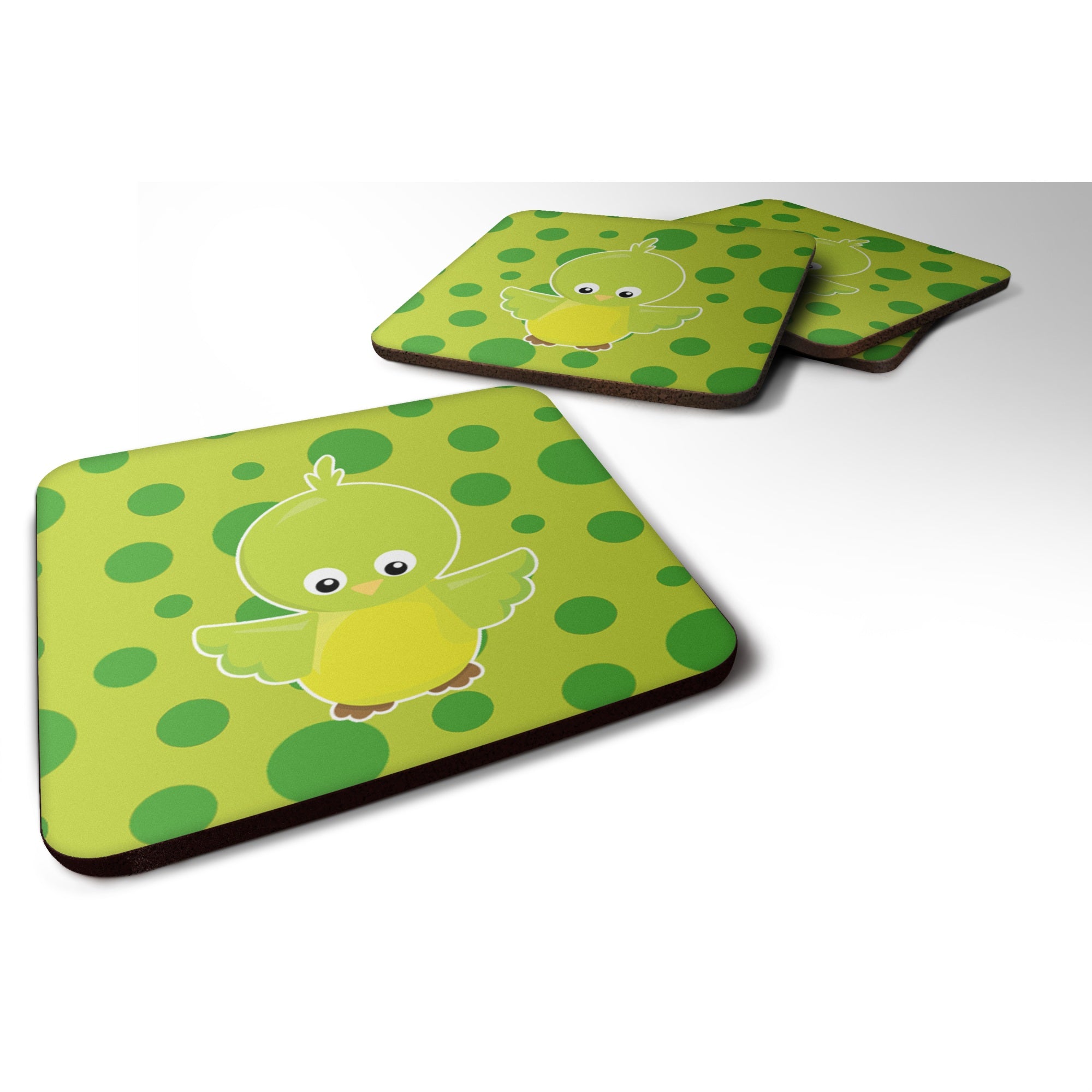 Caroline'S Treasures Bird On Green Polkadots Foam Coaster Set Of 4, 3.5, Multicolor