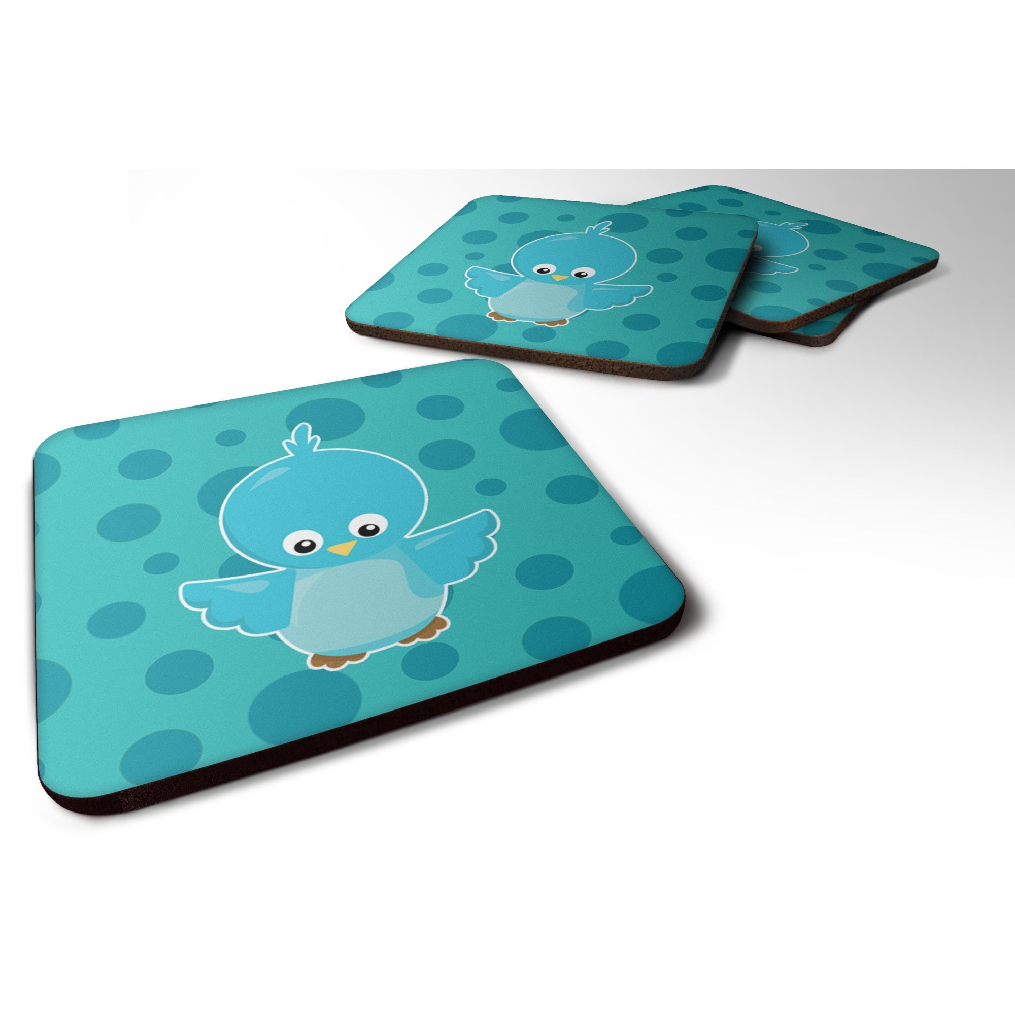 Caroline'S Treasures Bird On Blue Polkadots Foam Coaster Set Of 4, 3.5, Multicolor