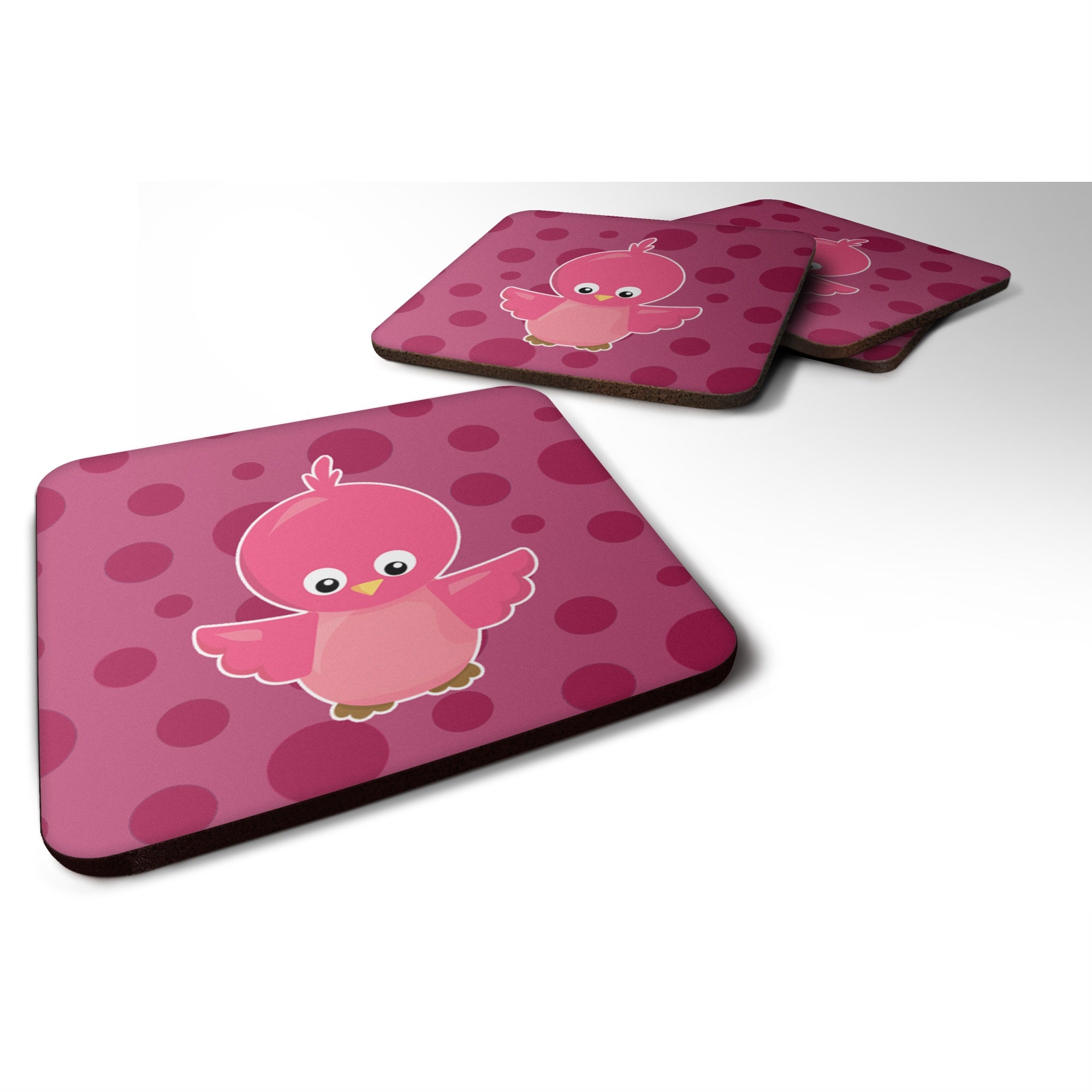 Caroline'S Treasures Bird On Pink Polkadots Foam Coaster Set Of 4, 3.5, Multicolor