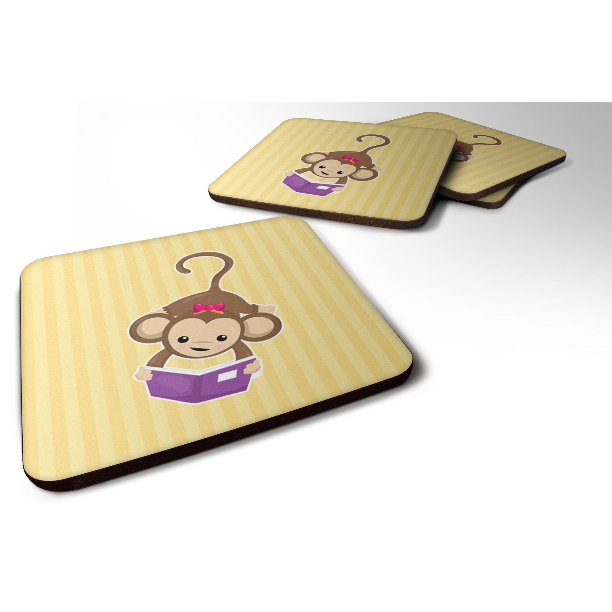 Caroline'S Treasures Monkey Reading Foam Coaster Set Of 4, 3.5, Multicolor