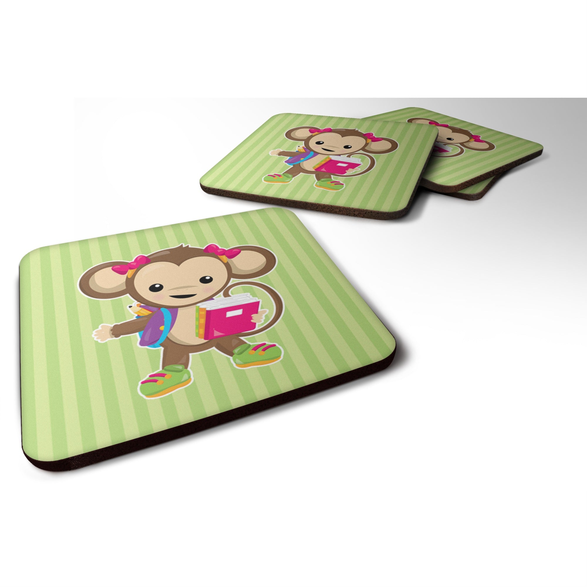 Caroline'S Treasures Monkey Going To School Foam Coaster Set Of 4, 3.5, Multicolor