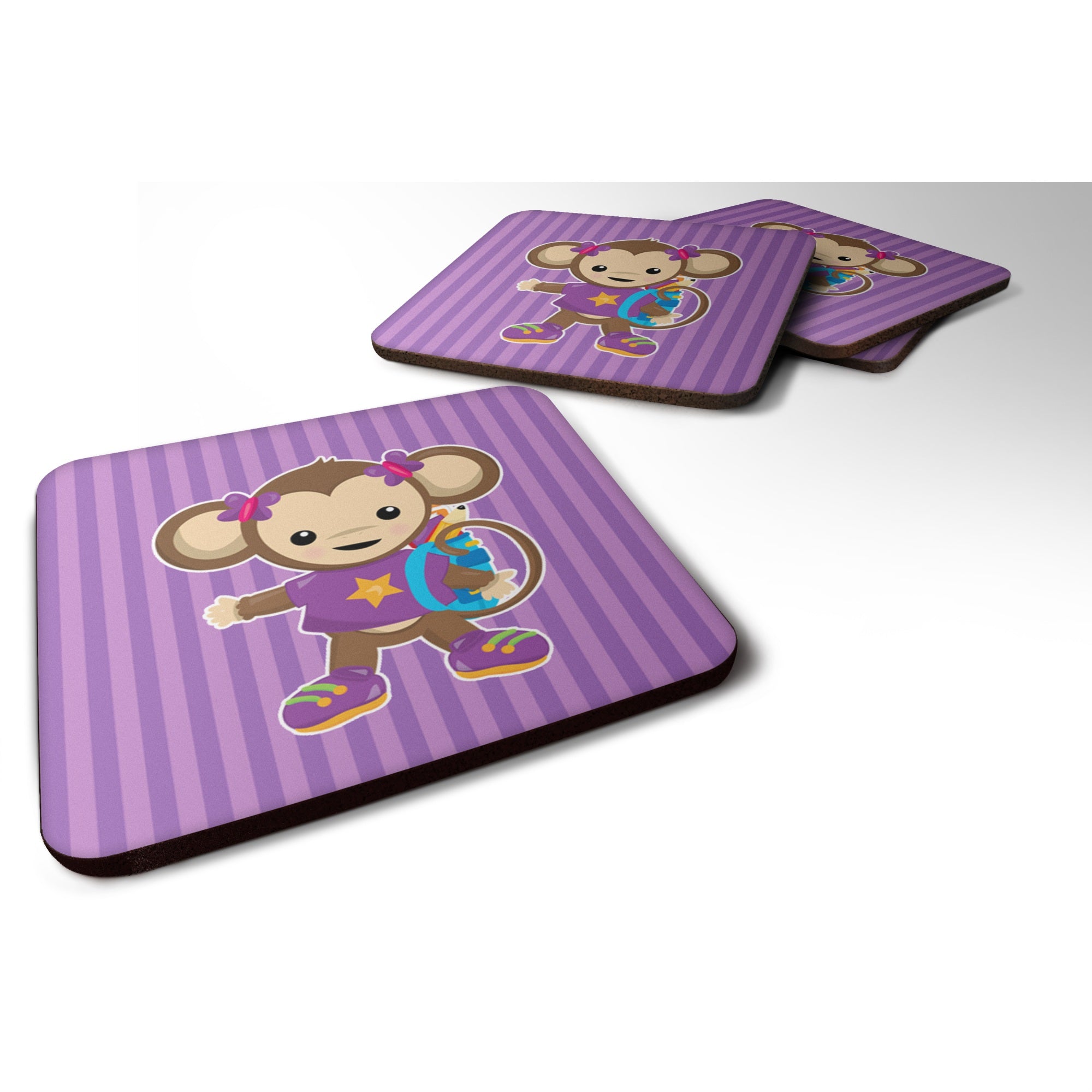 Caroline'S Treasures Monkey With Backpack Foam Coaster Set Of 4, 3.5, Multicolor