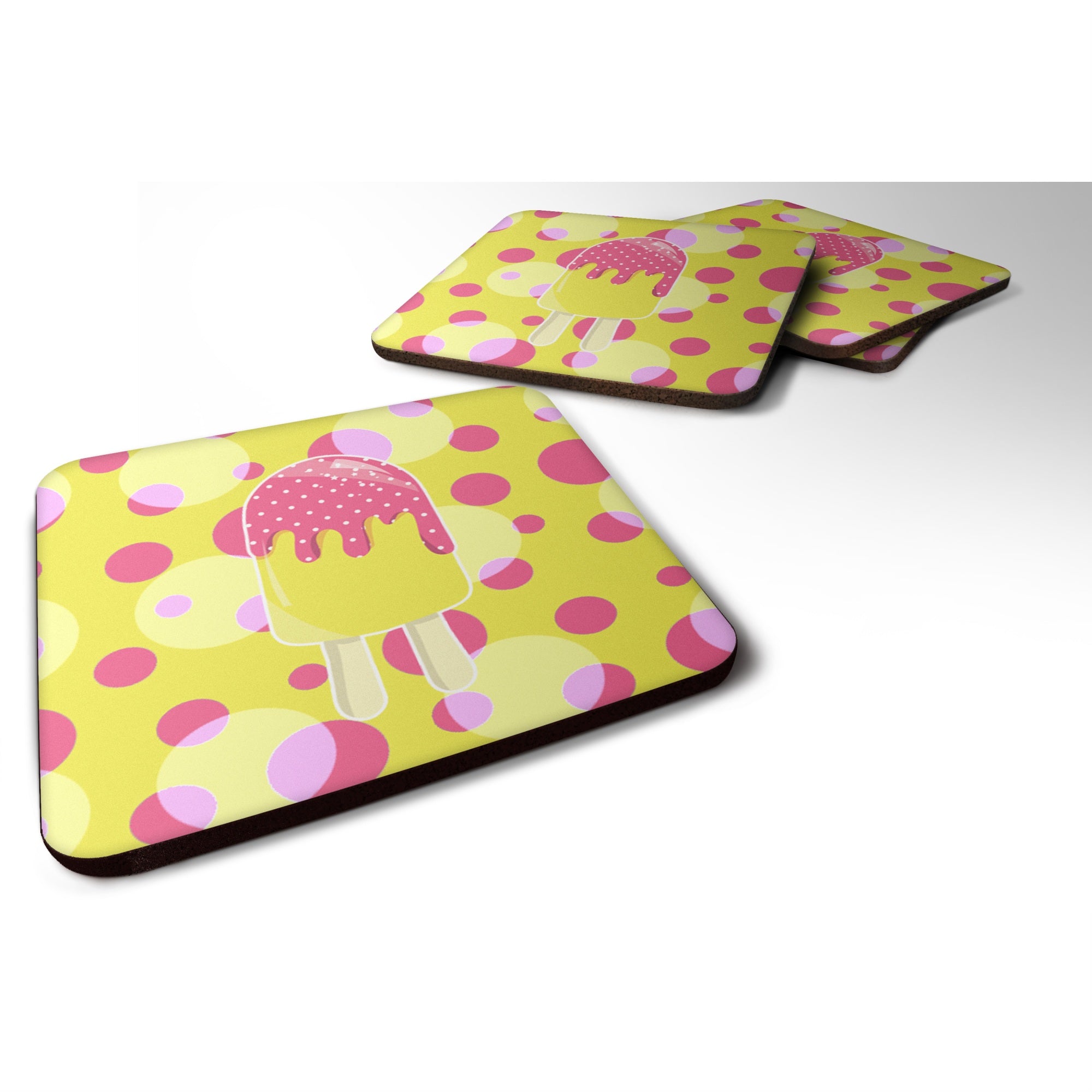 Caroline'S Treasures Ice Pop Popcicle Pink Yellow Foam Coaster Set Of 4, 3.5, Multicolor