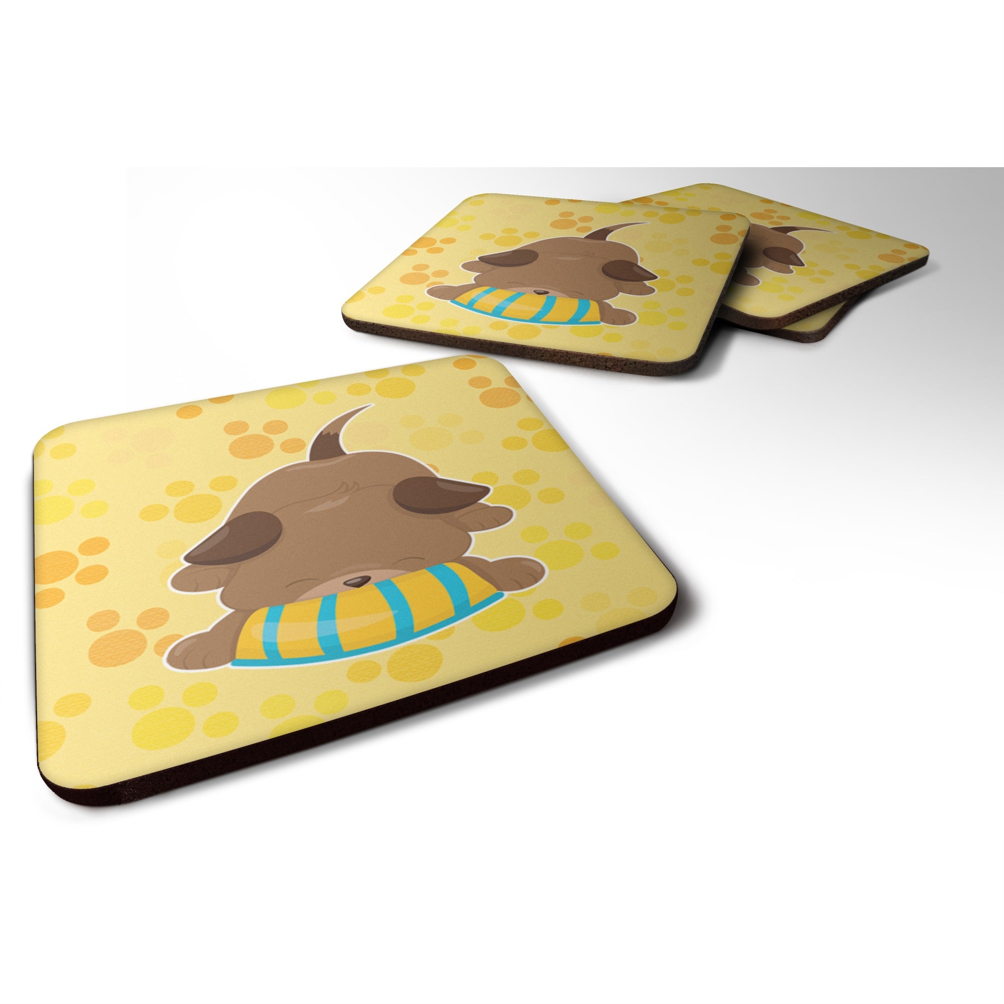 Caroline'S Treasures Puppy On Yellow Pawprints Foam Coaster Set Of 4, 3.5, Multicolor