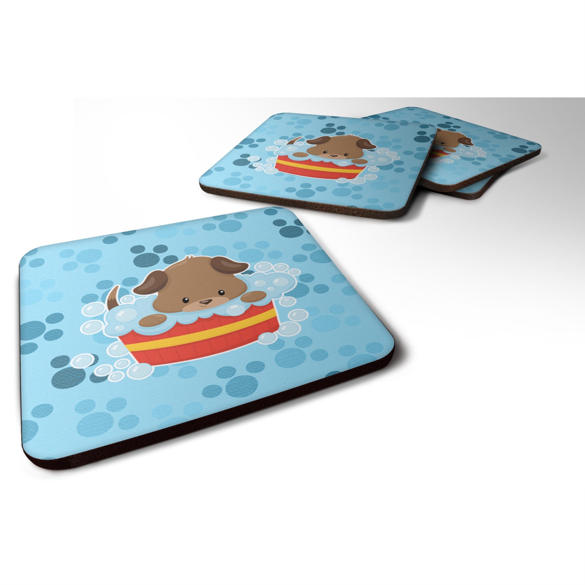 Caroline'S Treasures Puppy Taking A Bath Foam Coaster Set Of 4, 3.5, Multicolor