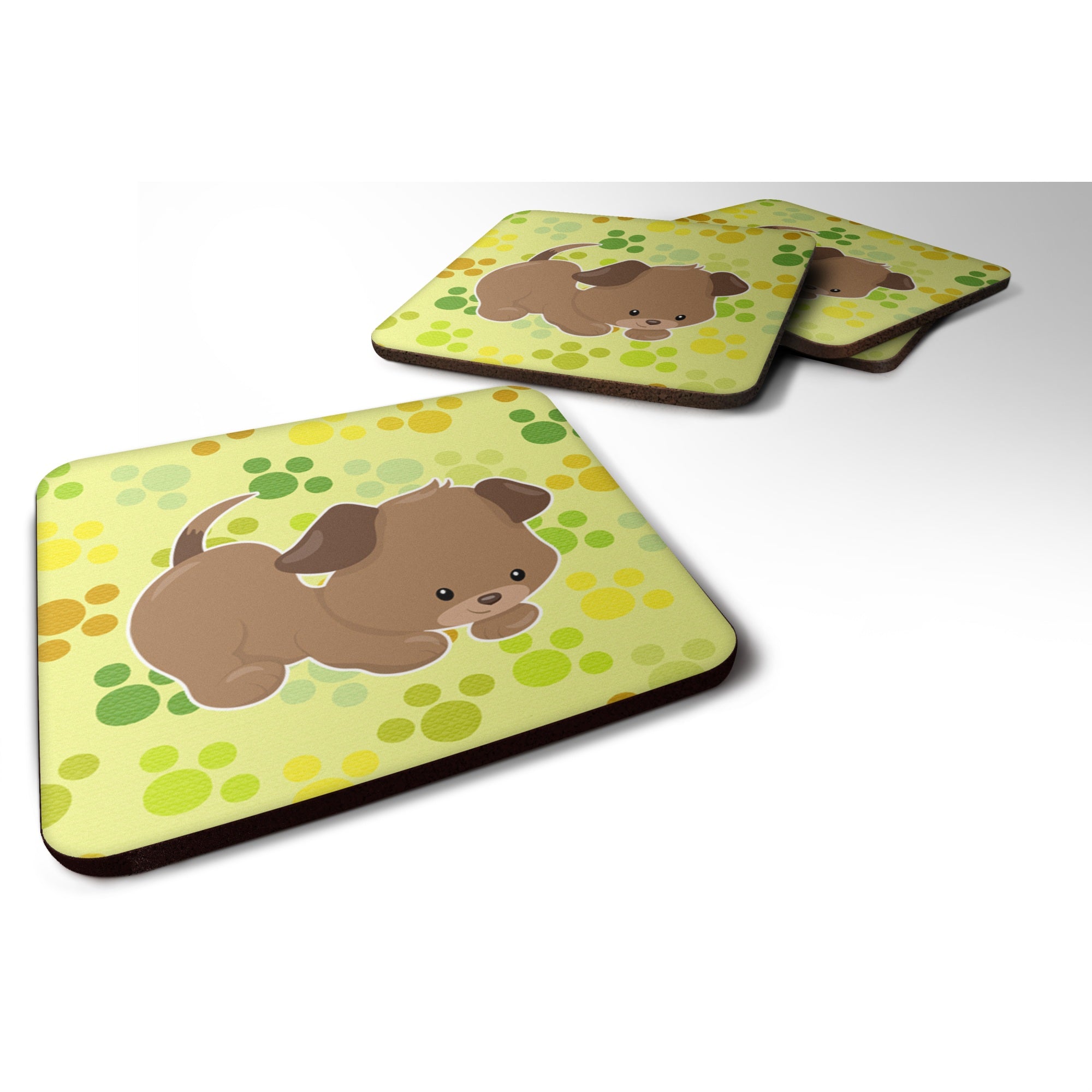 Caroline'S Treasures Puppy On Green Pawprints Foam Coaster Set Of 4, 3.5, Multicolor