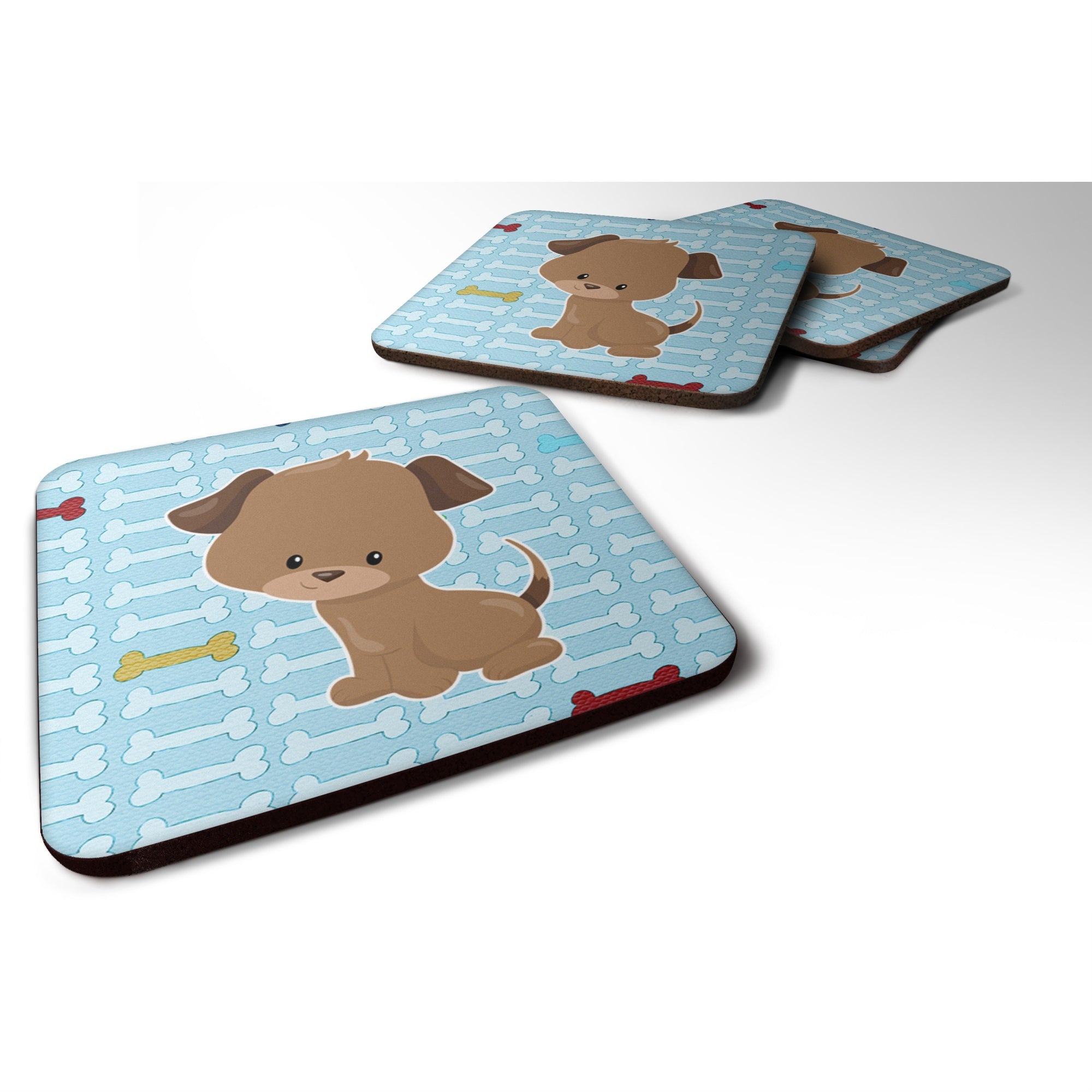 Caroline'S Treasures Puppy On Blue Bones Foam Coaster Set Of 4, 3.5, Multicolor