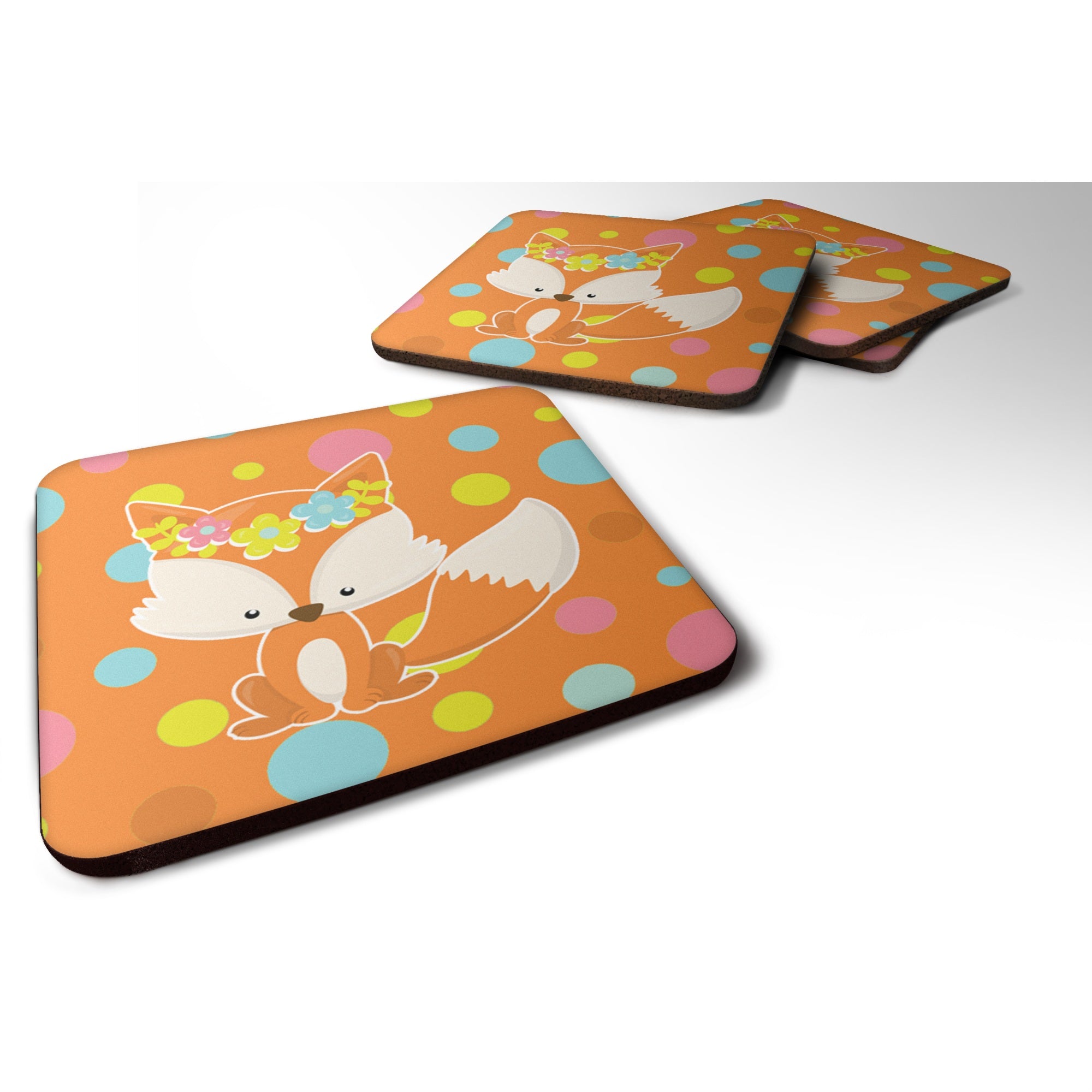 Caroline'S Treasures Baby Fox Flowerchild Polkadots Foam Coaster Set Of 4, 3.5, Multicolor