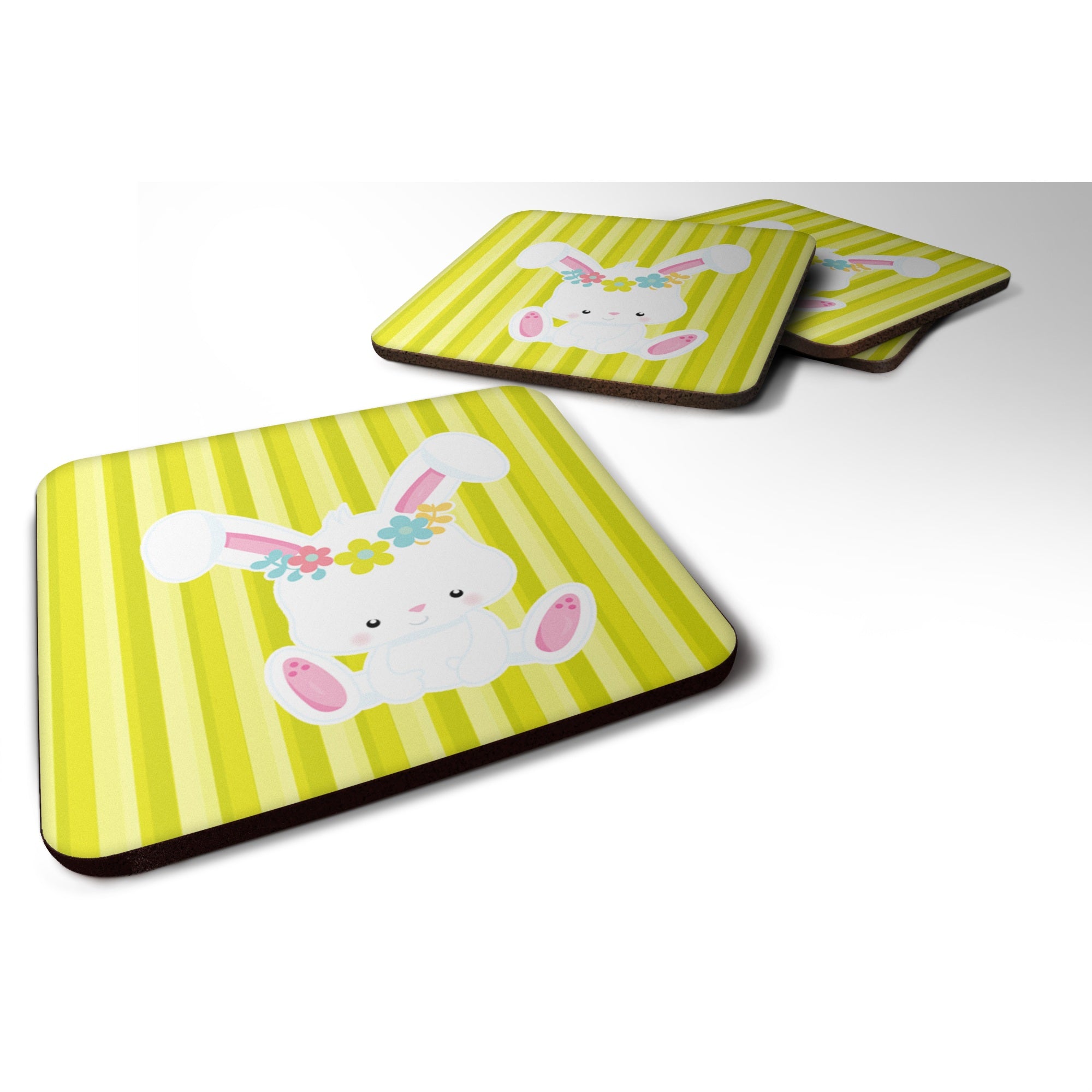 Caroline'S Treasures Easter White Rabbit With Flowers Foam Coaster Set Of 4, 3.5, Multicolor