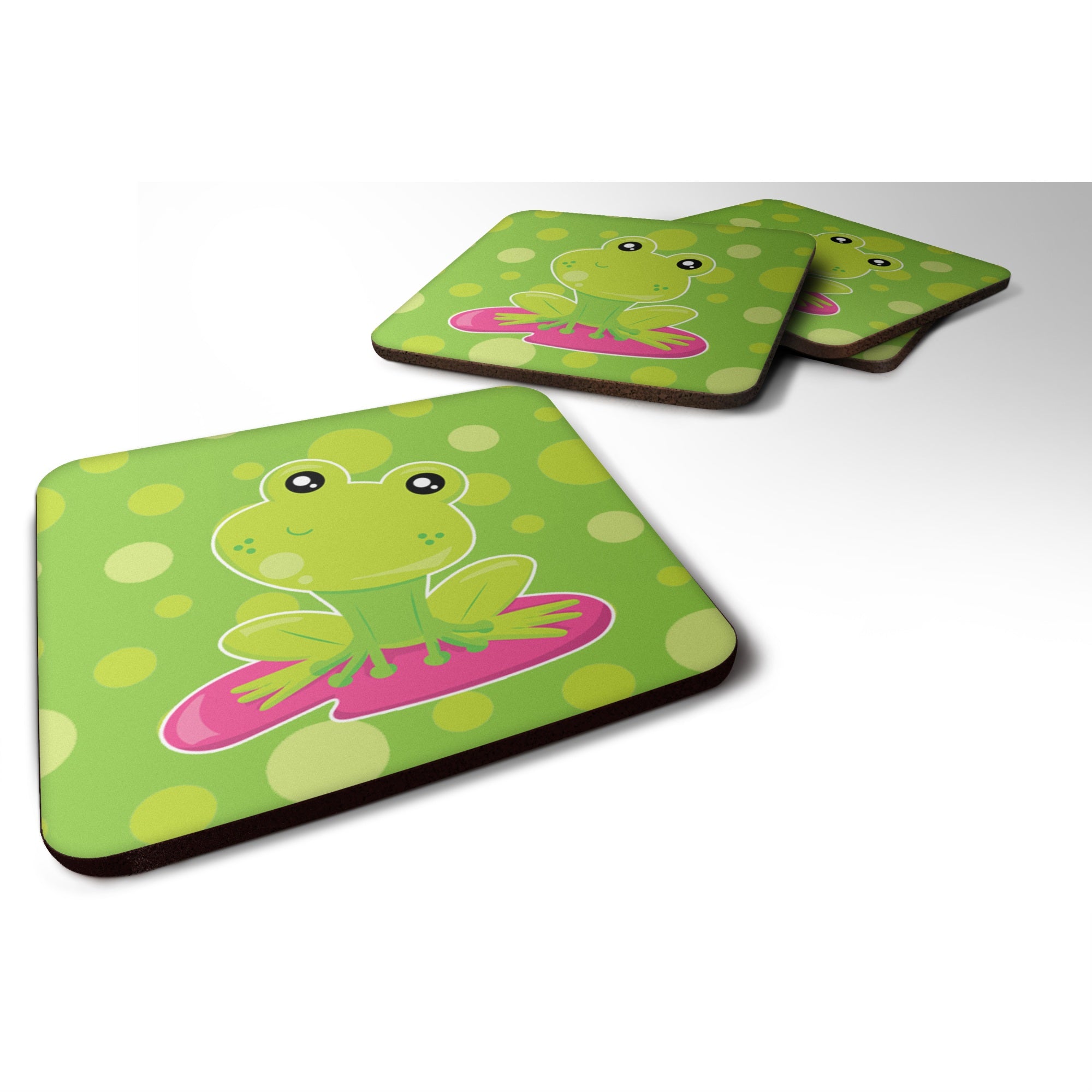 Caroline'S Treasures Frog On Lily Pad Green Polkadots Foam Coaster Set Of 4, 3.5, Multicolor