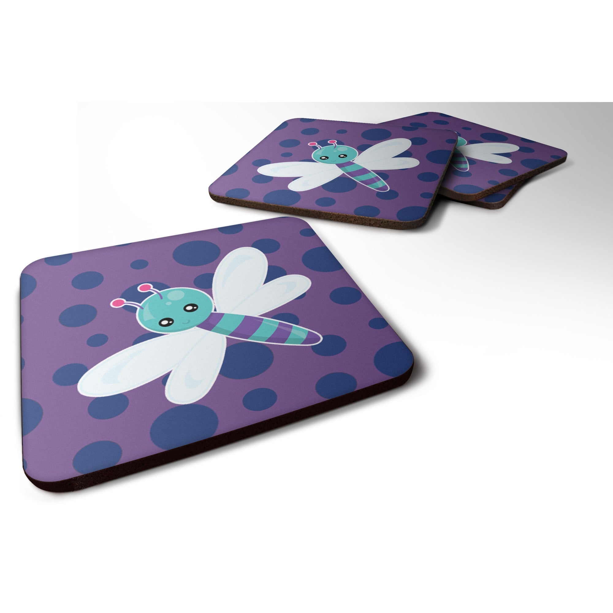 Caroline'S Treasures Dragonfly On Purple Polkadots Foam Coaster Set Of 4, 3.5, Multicolor