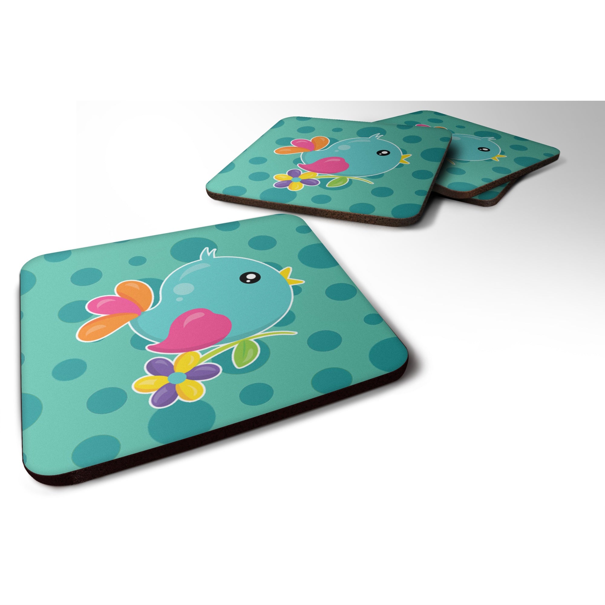 Caroline'S Treasures Bird On Teal Polkadots Foam Coaster Set Of 4, 3.5, Multicolor