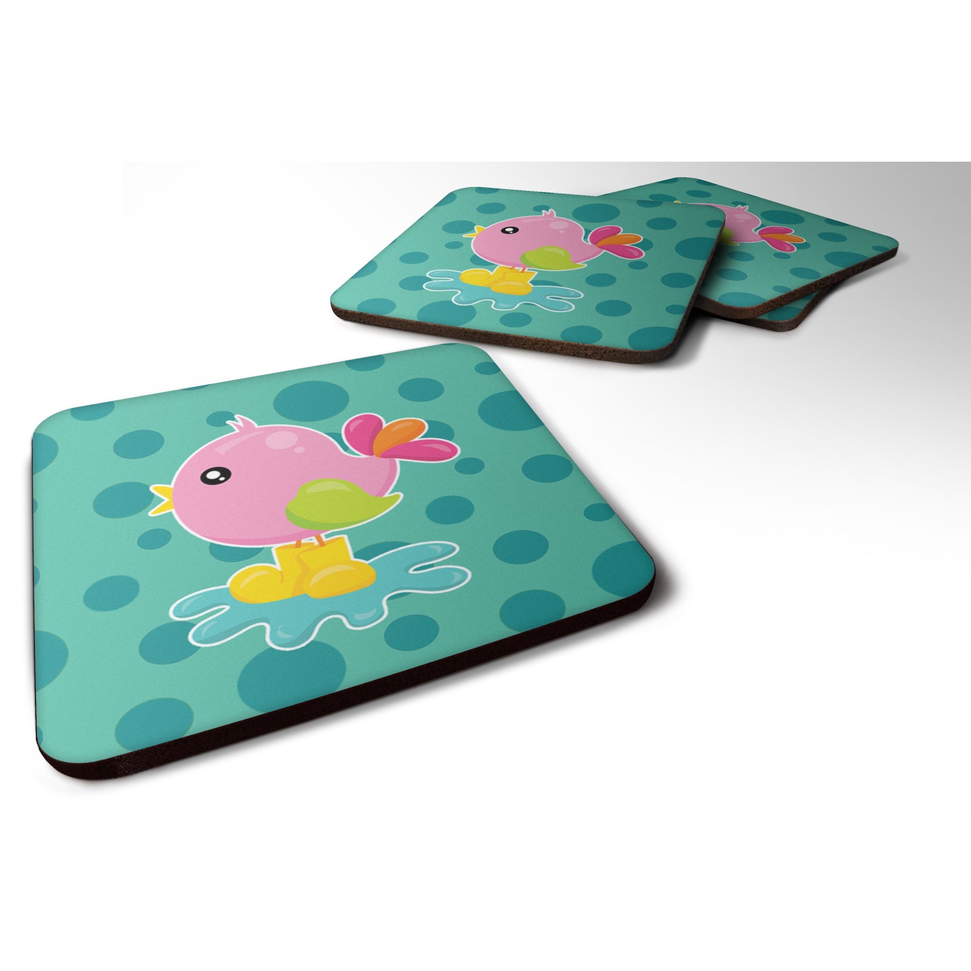 Caroline'S Treasures Bird In Rainboots & Puddle Foam Coaster Set Of 4, 3.5, Multicolor