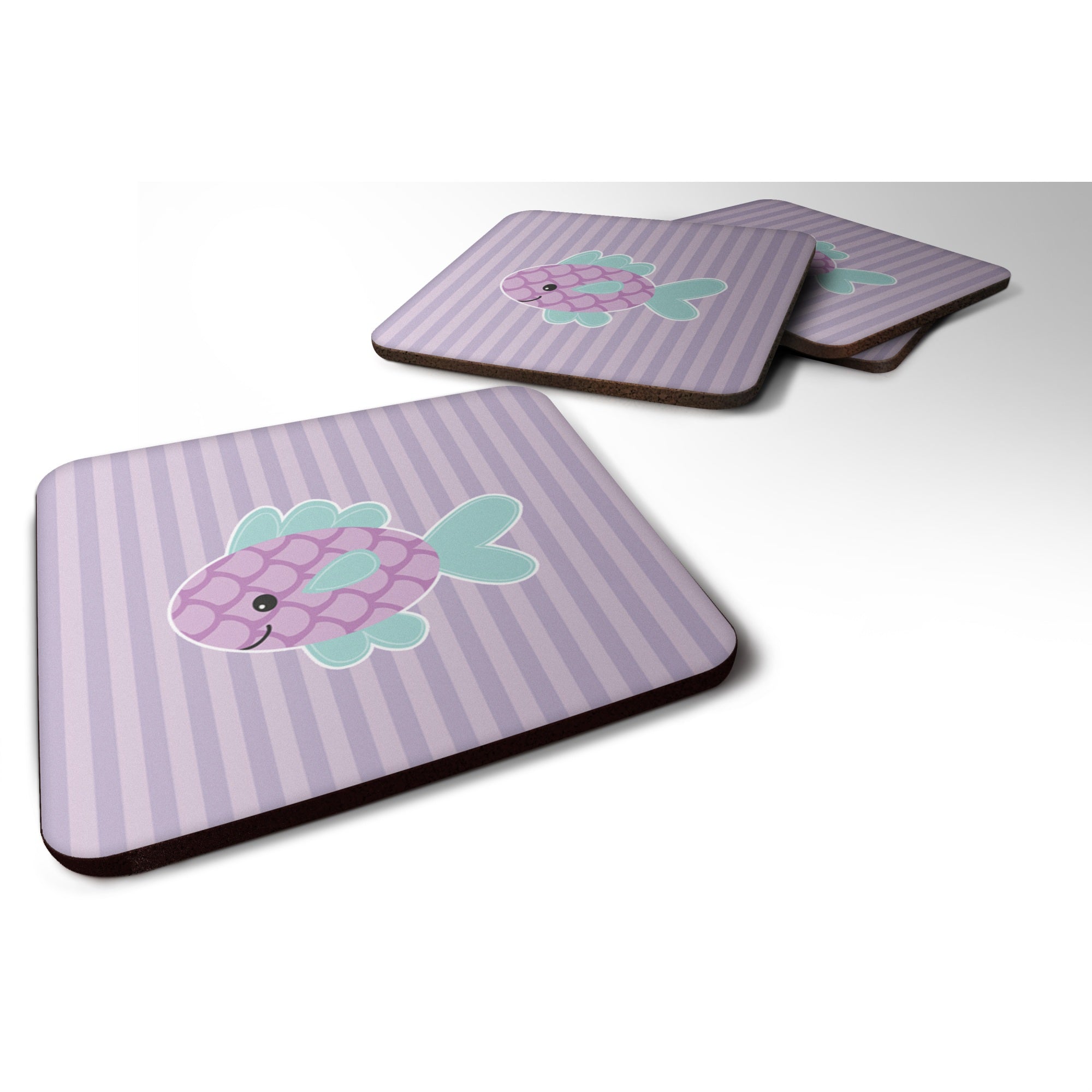 Caroline'S Treasures Purple Fish Foam Coaster Set Of 4, 3.5, Multicolor